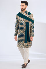 teal blue mirror work kurta with zari work paired with mirror work stole - kasbahmen