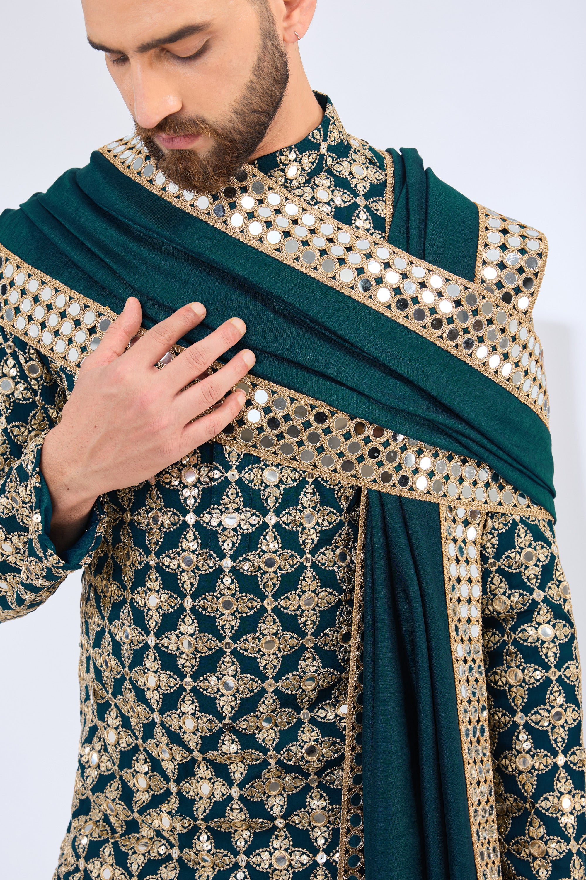 teal blue mirror work kurta with zari work paired with mirror work stole - kasbahmen