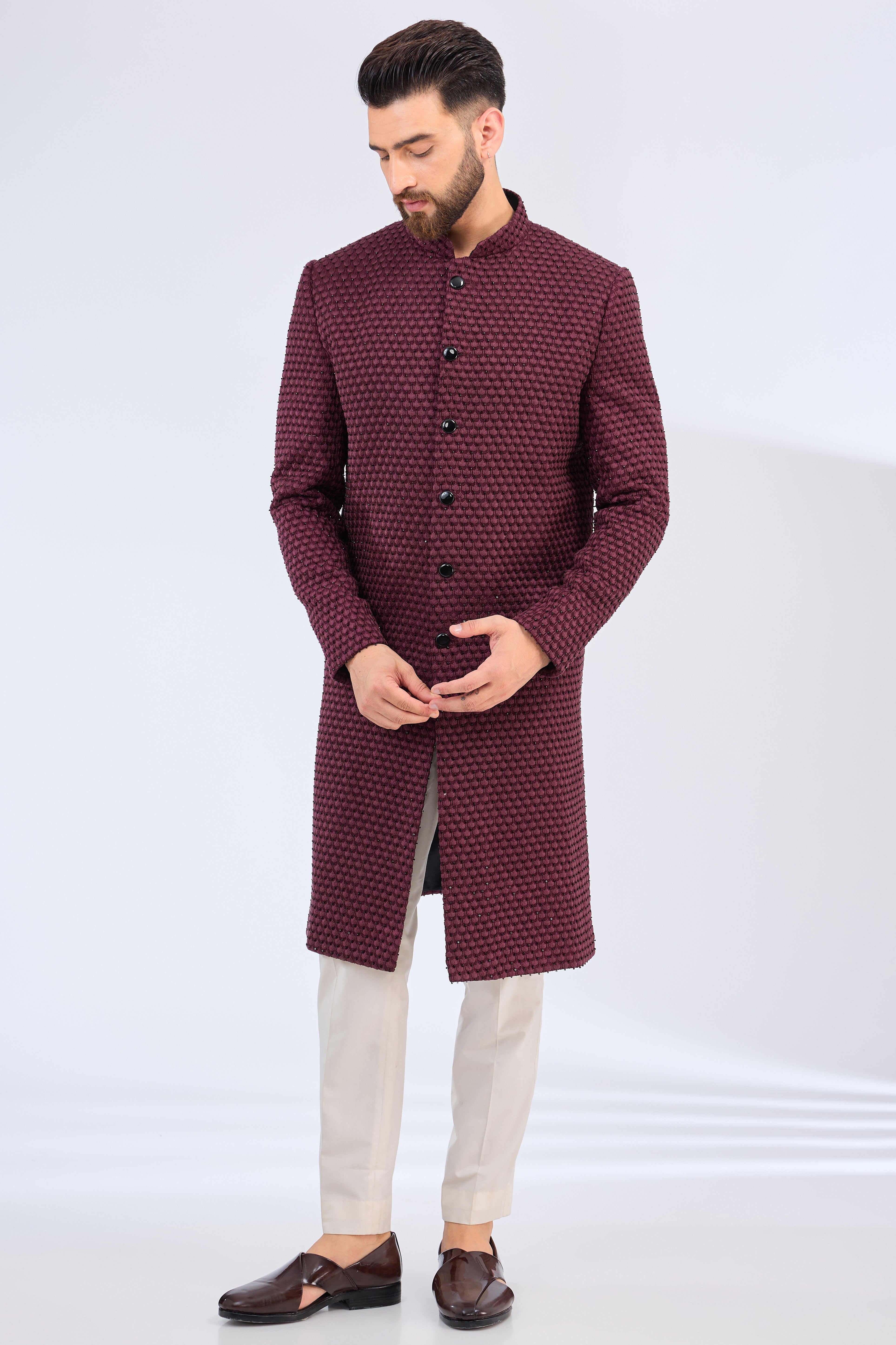 wine sherwani with intricate cut dana - kasbahmen