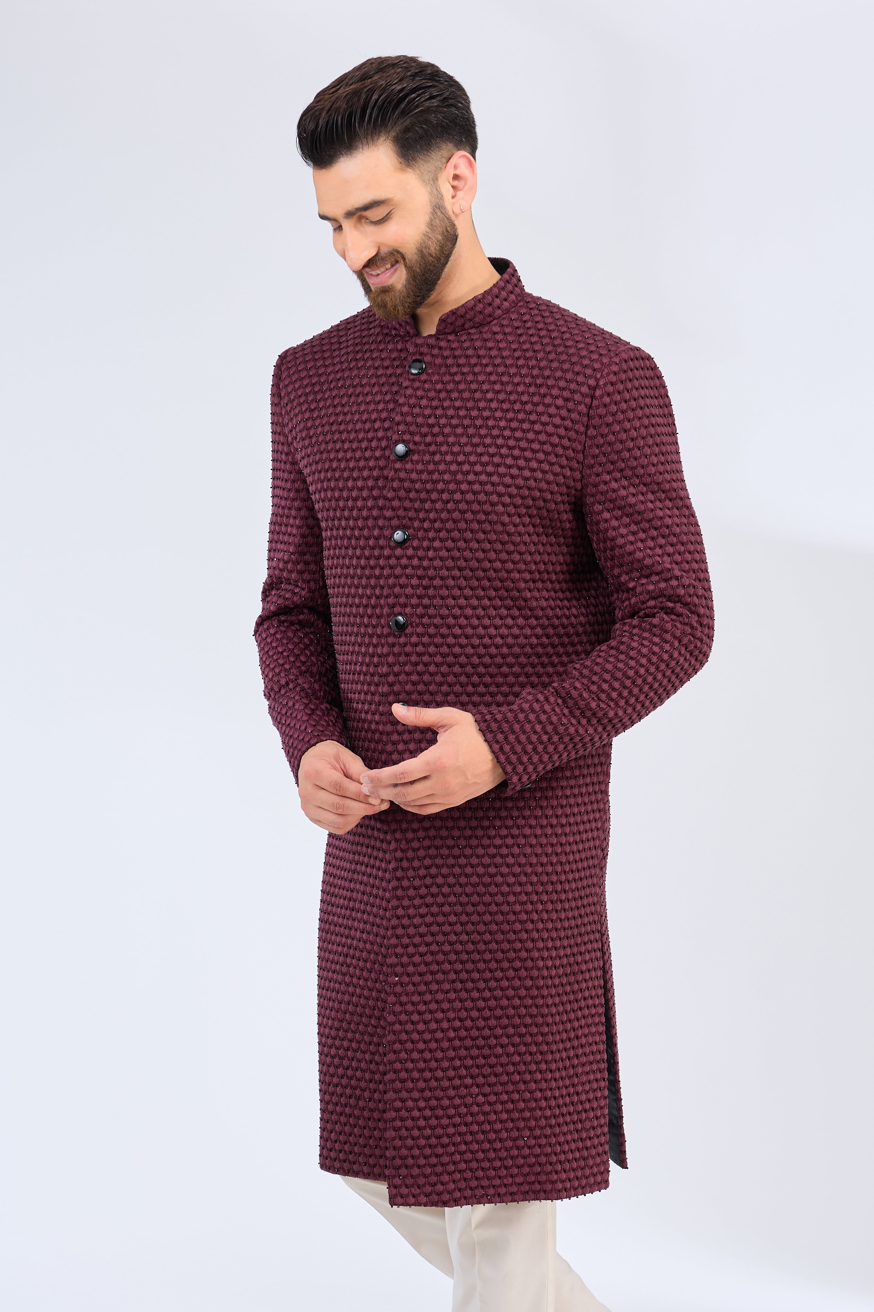 wine sherwani with intricate cut dana - kasbahmen