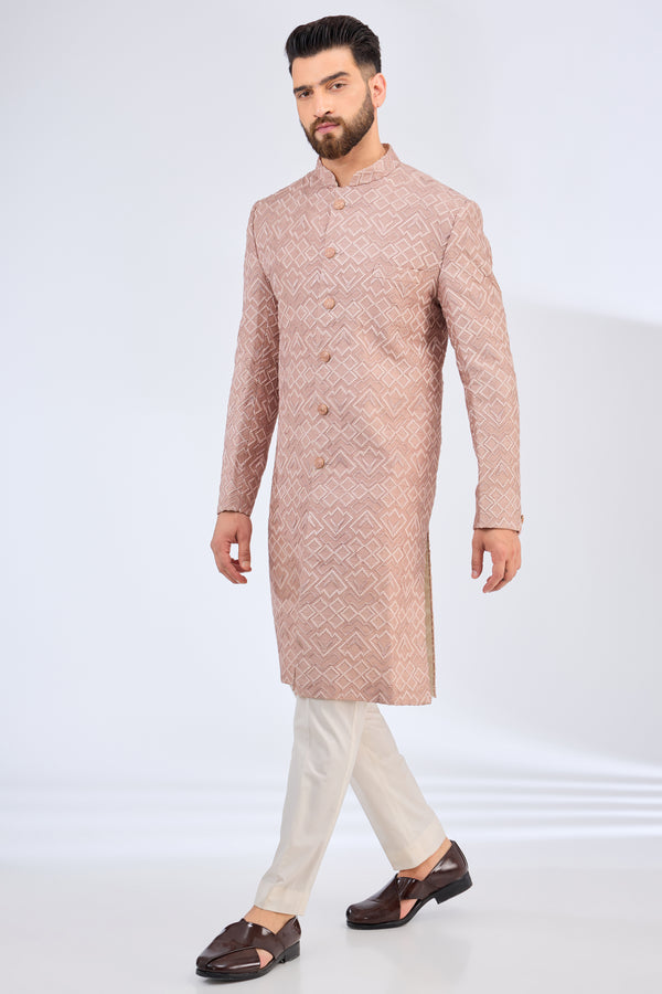 dust pink geometrically embrodried thread work sherwani with metal buttons - kasbahmen