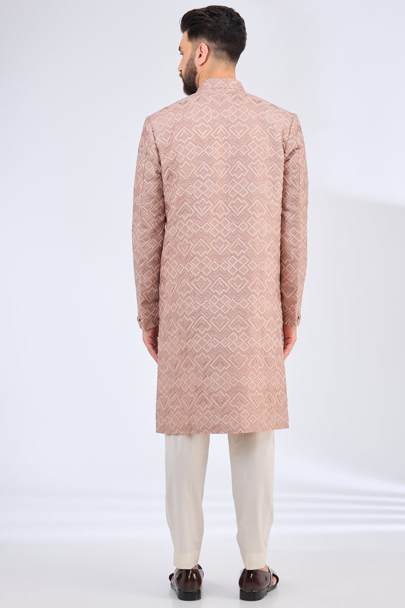 dust pink geometrically embrodried thread work sherwani with metal buttons - kasbahmen