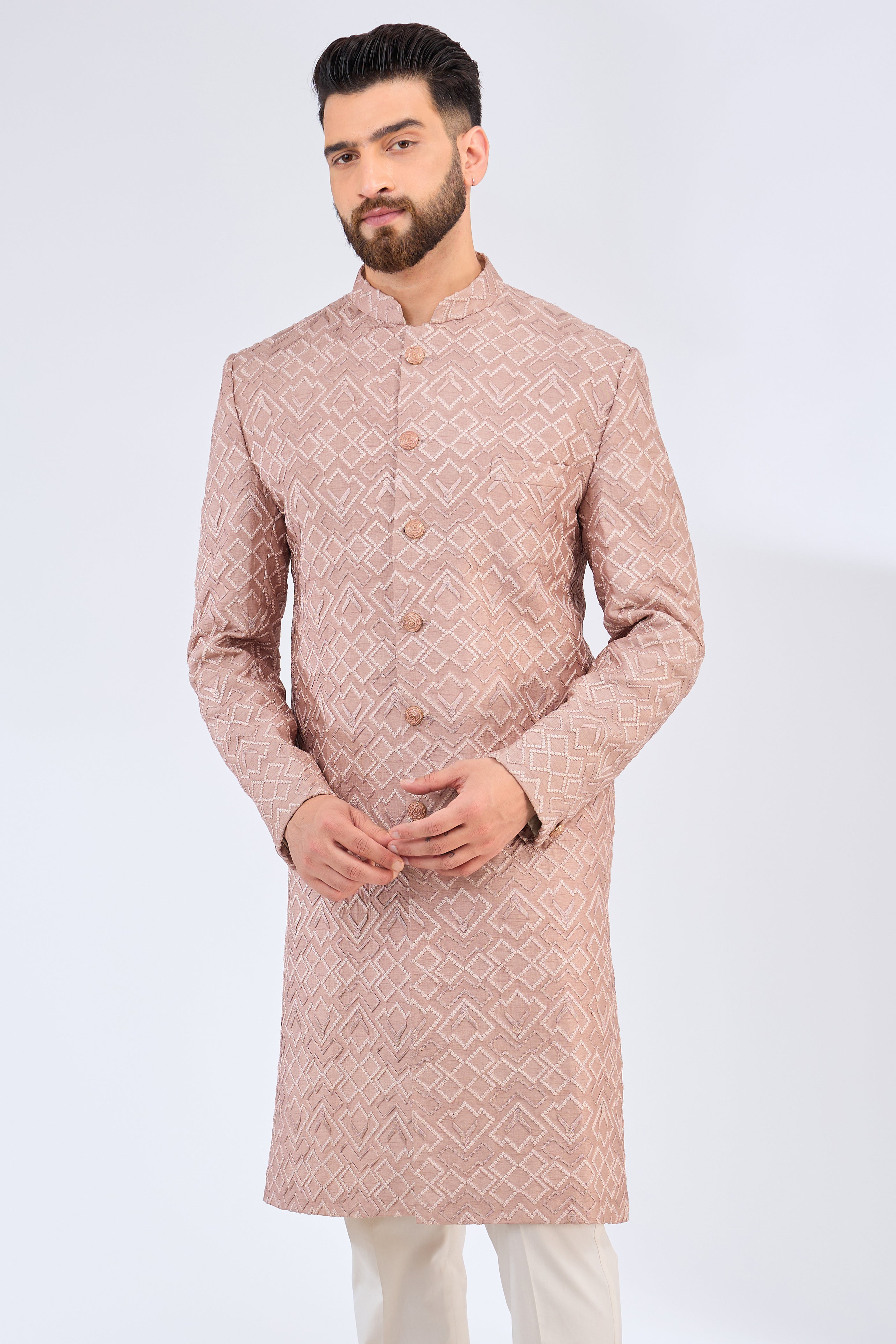 dust pink geometrically embrodried thread work sherwani with metal buttons - kasbahmen