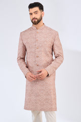 dust pink geometrically embrodried thread work sherwani with metal buttons - kasbahmen