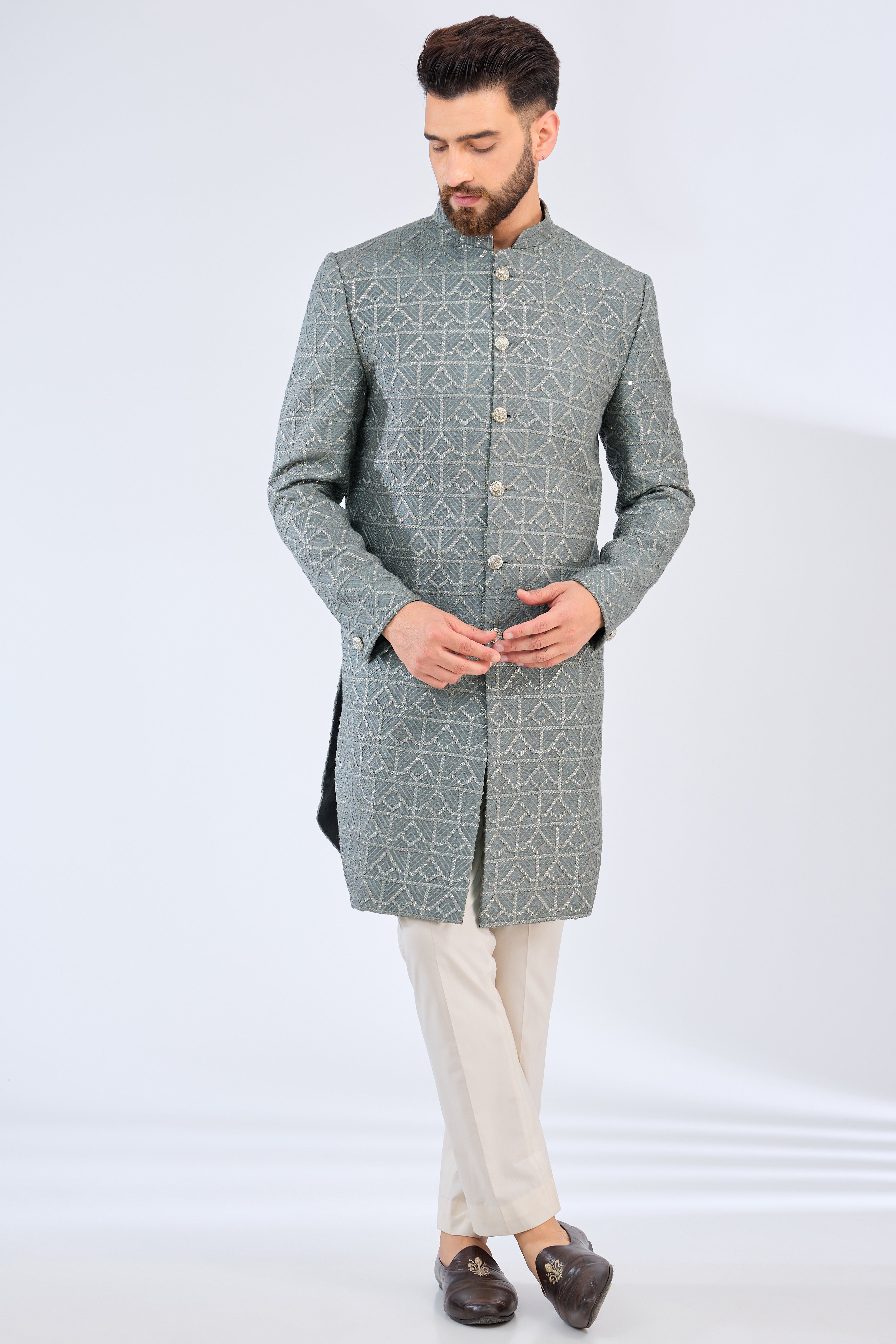 slate grey royal cut silk sherwani - kasbahmen