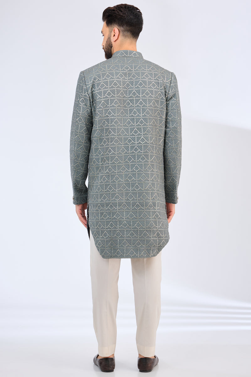 slate grey royal cut silk sherwani - kasbahmen