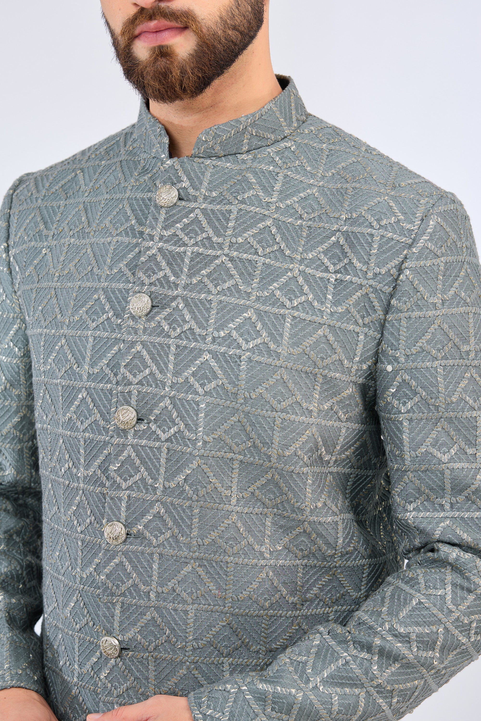 slate grey royal cut silk sherwani - kasbahmen