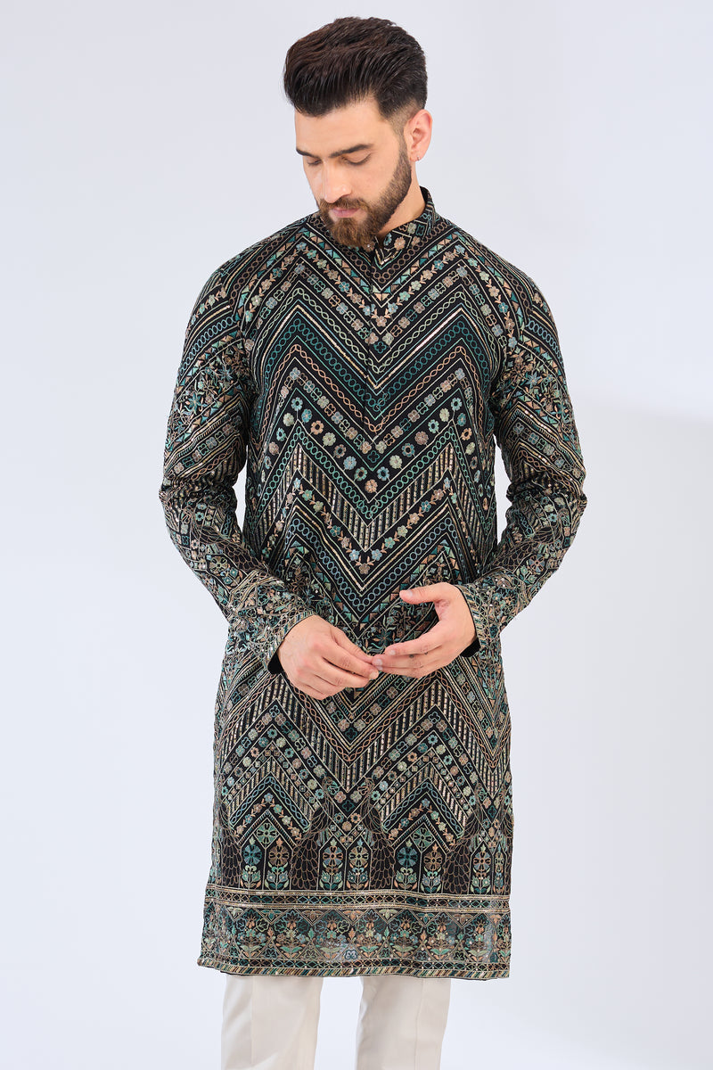 black thread work kurta with intricate flora and fauna embroidery - kasbahmen