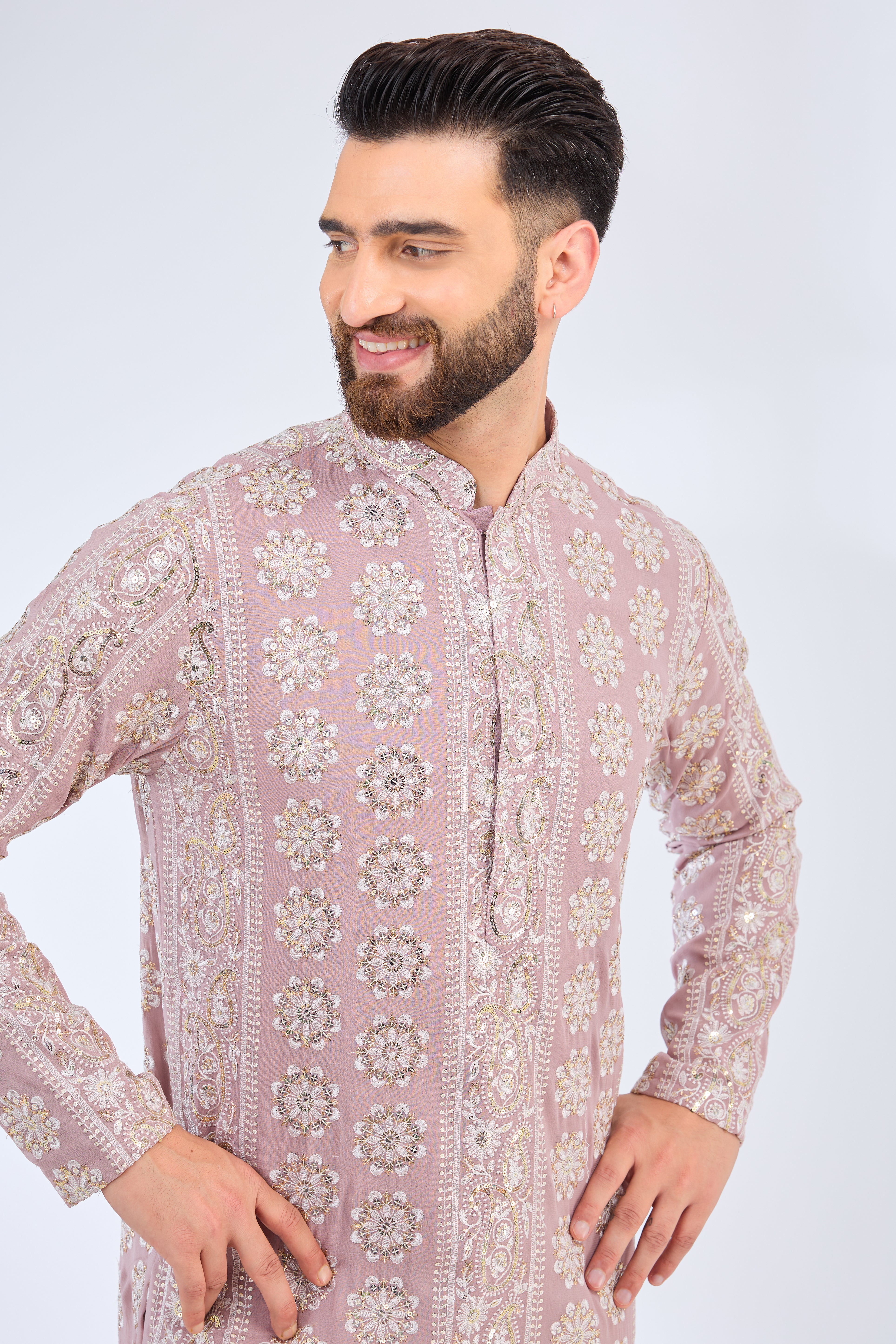 purple chikankari kurta with intricate paisley embroidery - kasbahmen