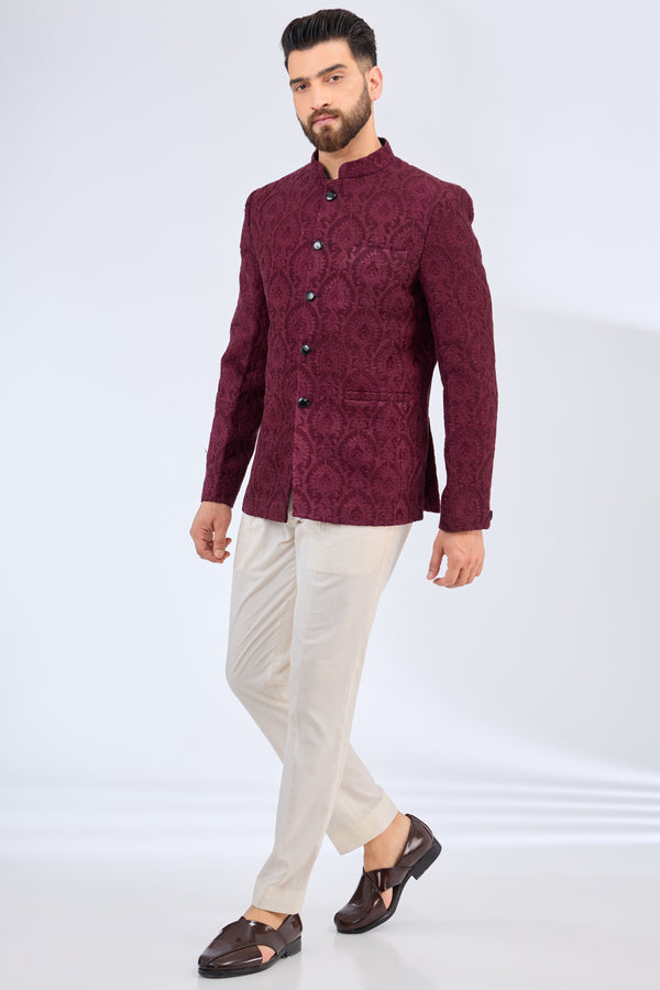 wine- maroon chikankari bandgala - kasbahmen