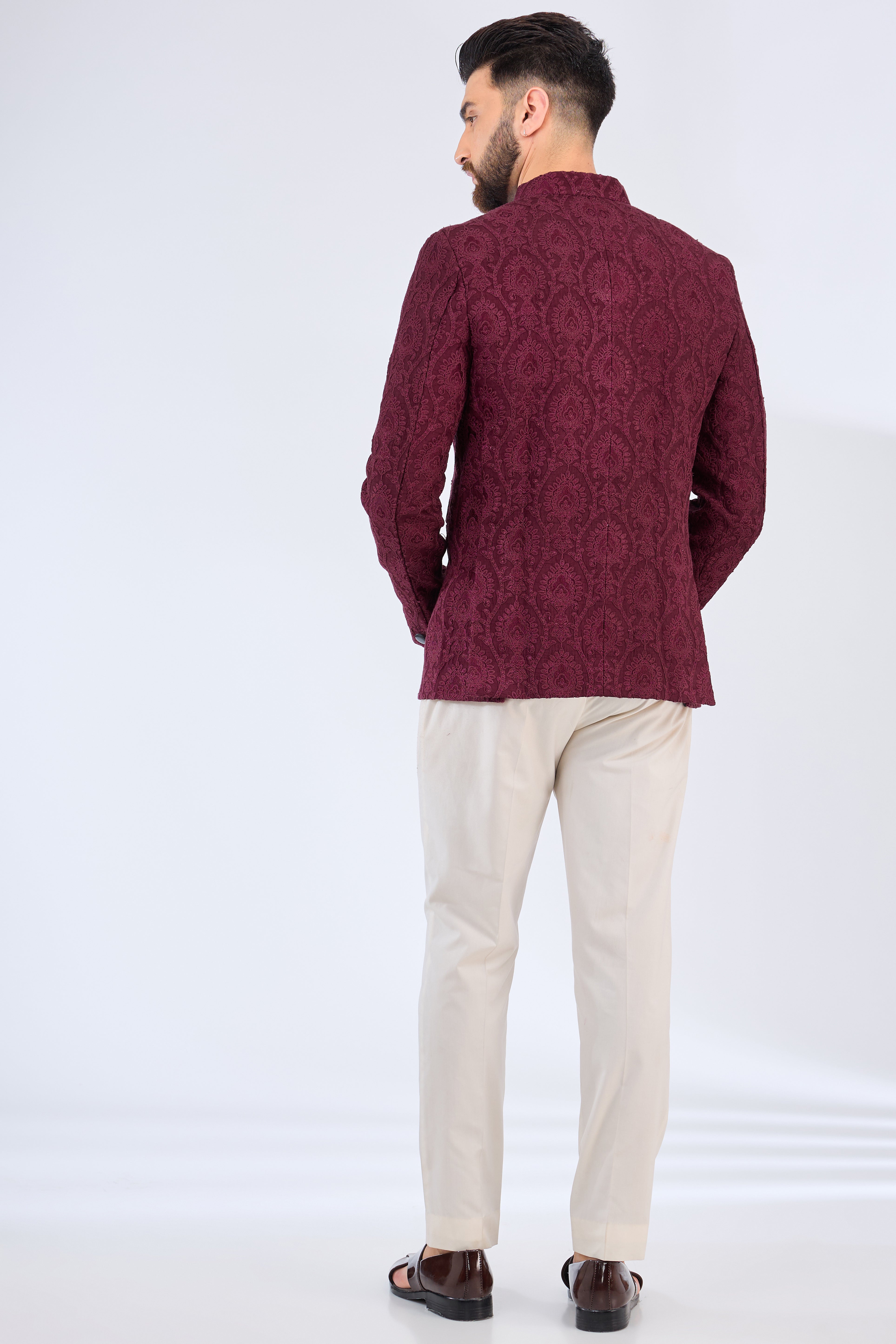 wine- maroon chikankari bandgala - kasbahmen