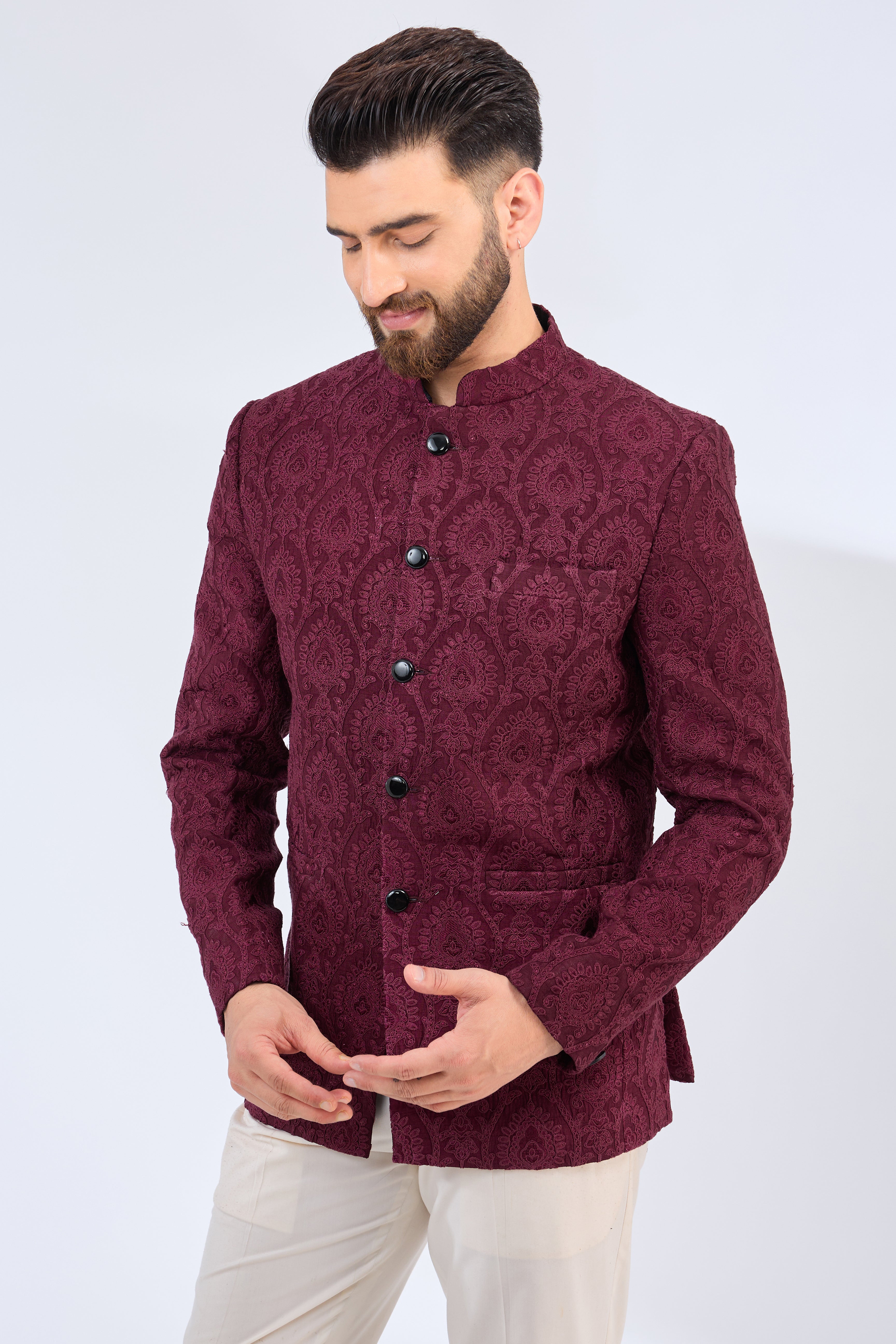 wine- maroon chikankari bandgala - kasbahmen