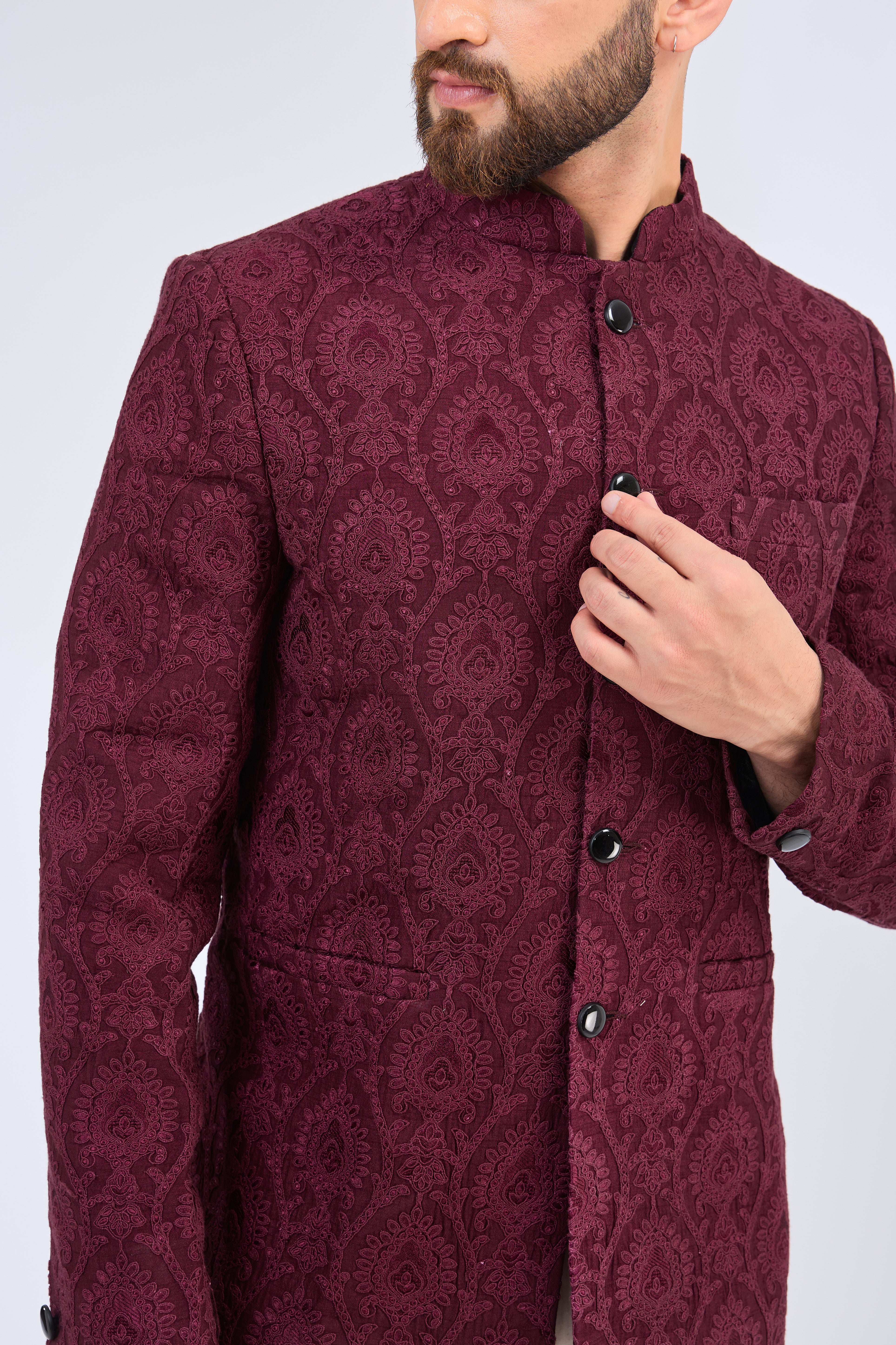 wine- maroon chikankari bandgala - kasbahmen