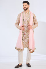 pink mirror work kurta with zari work paired with mirror work stole - kasbahmen