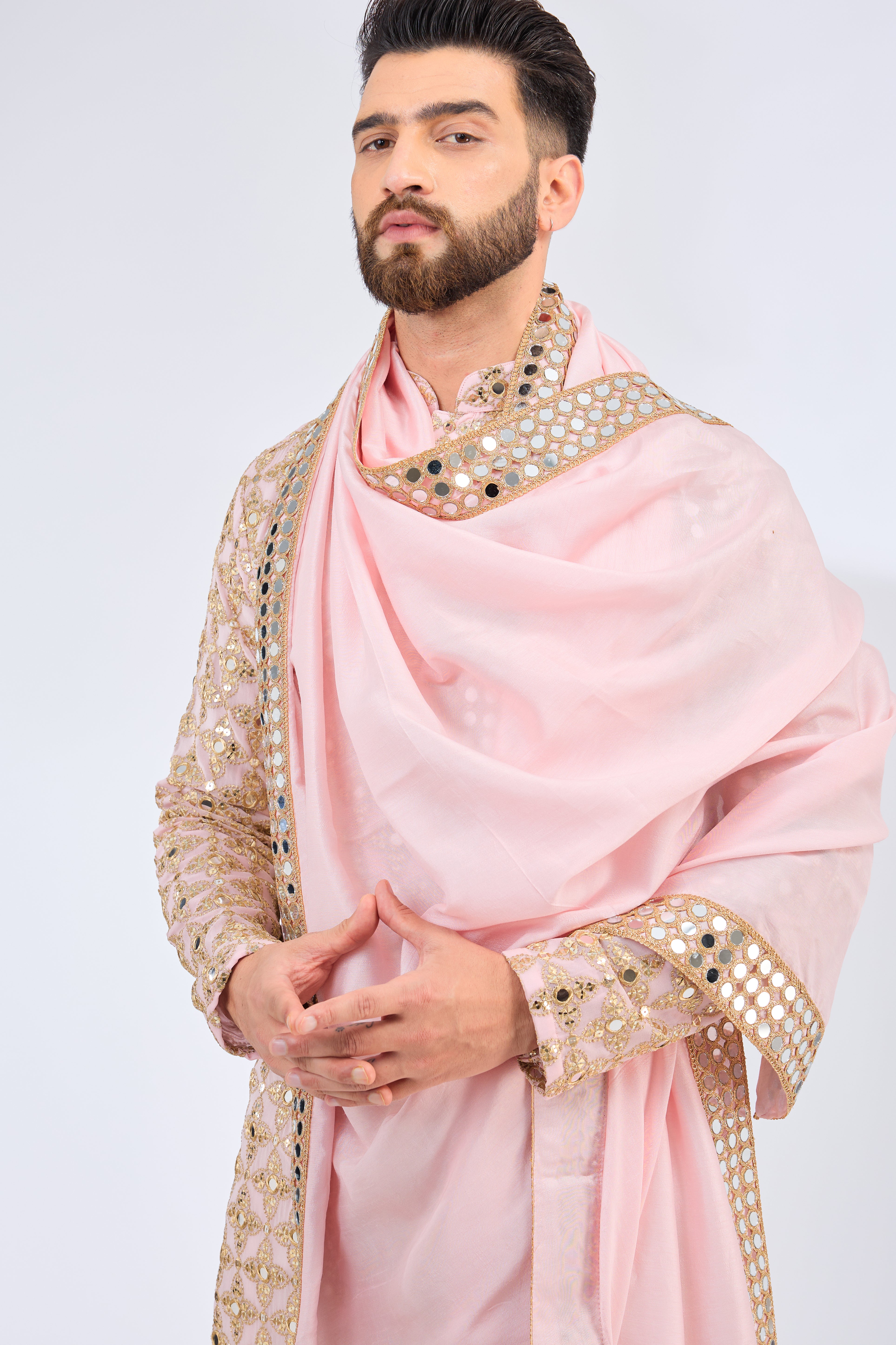 pink mirror work kurta with zari work paired with mirror work stole - kasbahmen