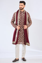 maroon mirror work kurta with zari work paired with mirror work stole - kasbahmen