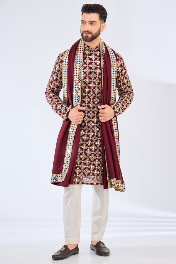 maroon mirror work kurta with zari work paired with mirror work stole