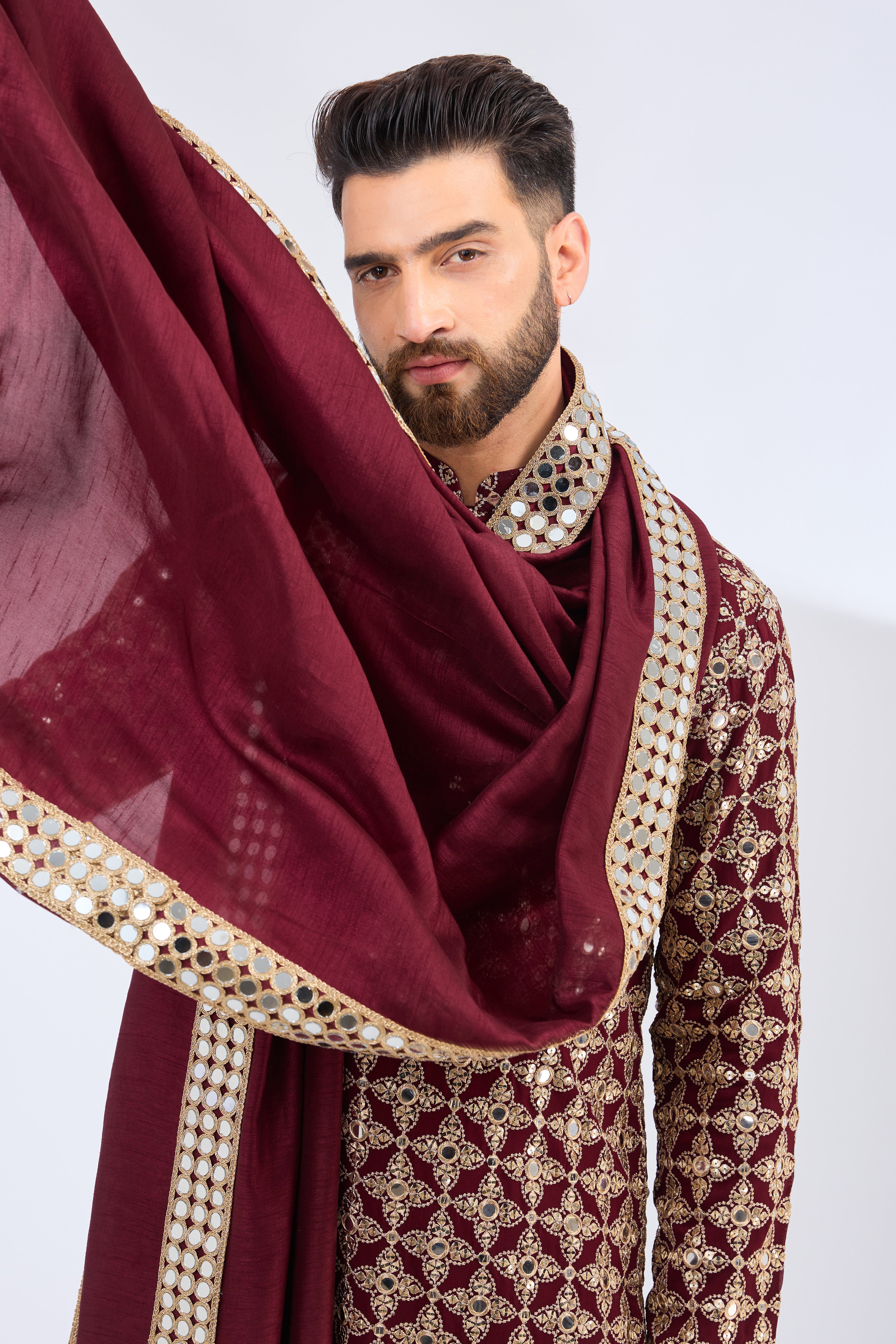 maroon mirror work kurta with zari work paired with mirror work stole - kasbahmen