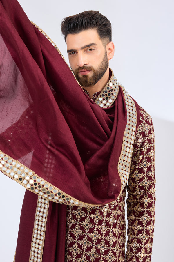 maroon mirror work kurta with zari work paired with mirror work stole