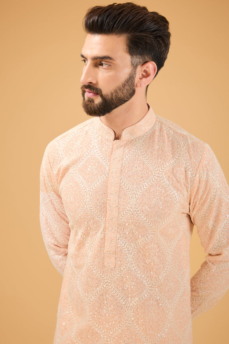 Pink Chikankari kurta with ivory thread-work. - kasbahmen