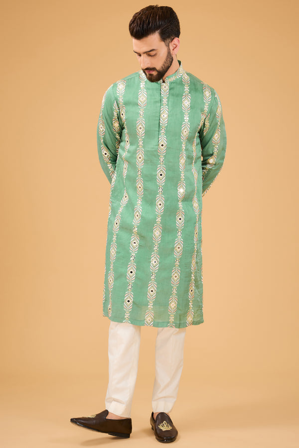 Sage green mirror-work kurta with intricate multi-thread work and sequin embroidery. - kasbahmen