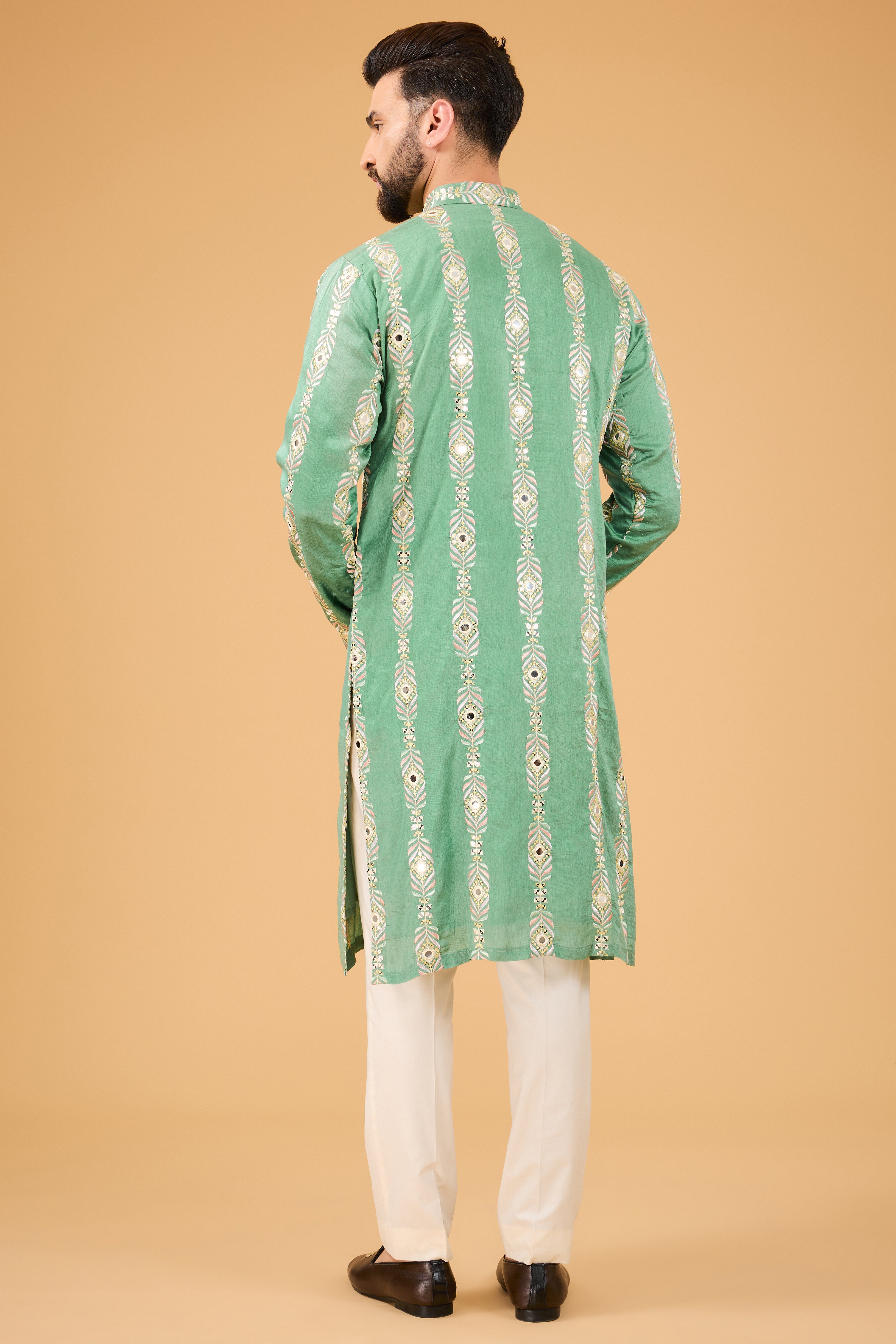 Sage green mirror-work kurta with intricate multi-thread work and sequin embroidery. - kasbahmen