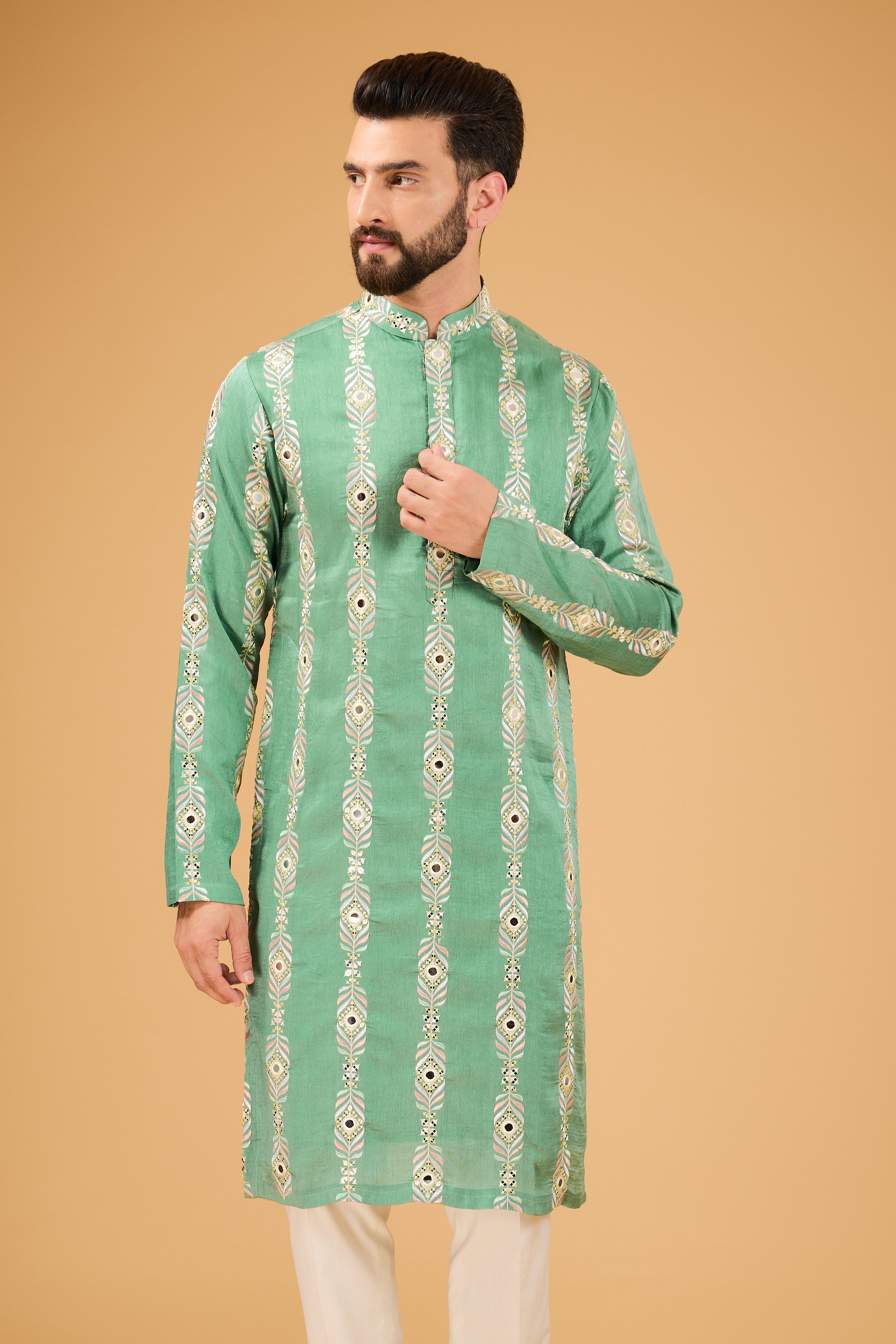 Sage green mirror-work kurta with intricate multi-thread work and sequin embroidery. - kasbahmen