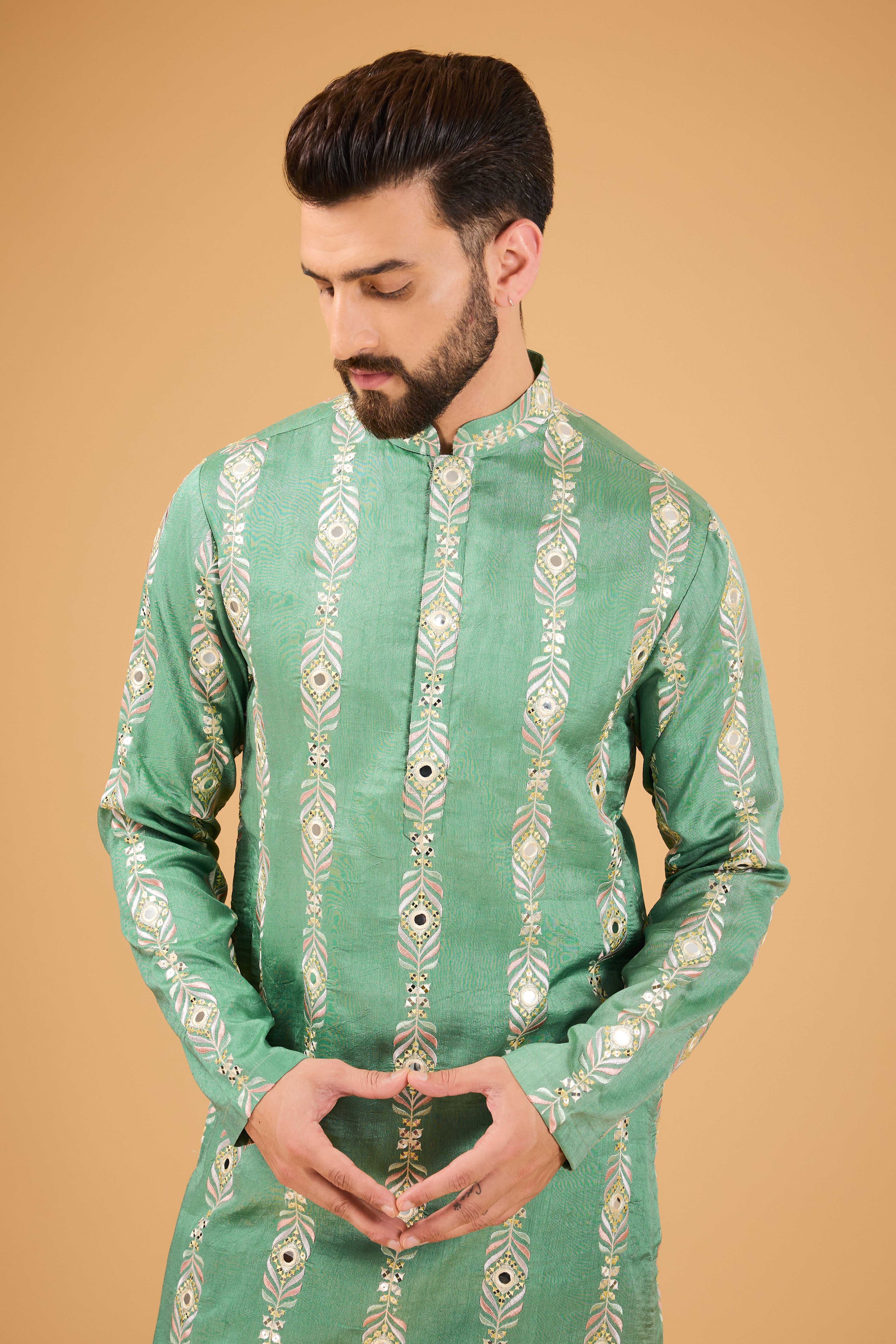 Sage green mirror-work kurta with intricate multi-thread work and sequin embroidery. - kasbahmen