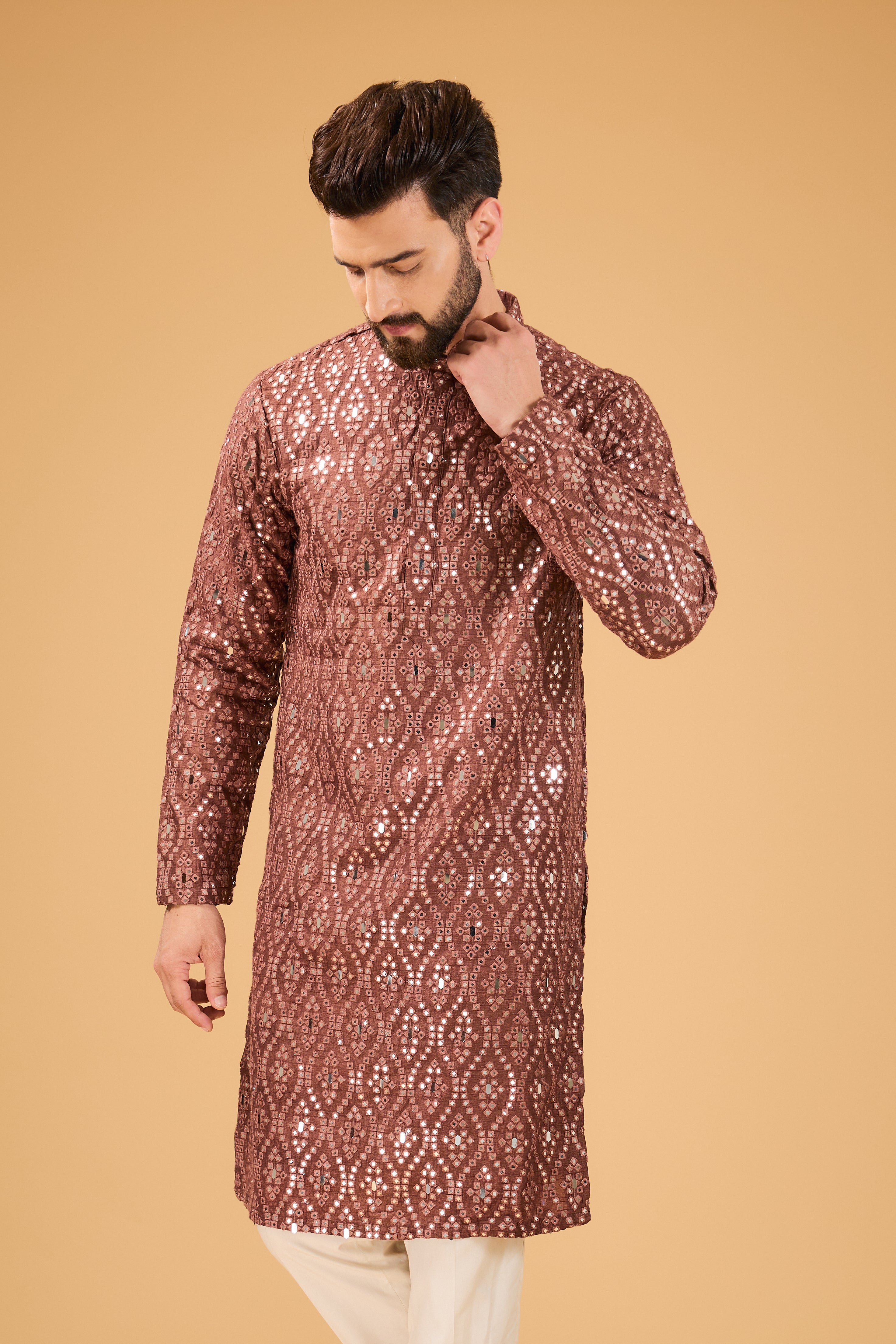 signature mauve taupe mirror work kurta - kasbahmen