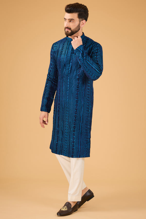 Blue metallic multi threadwork kurta on velvet - kasbahmen