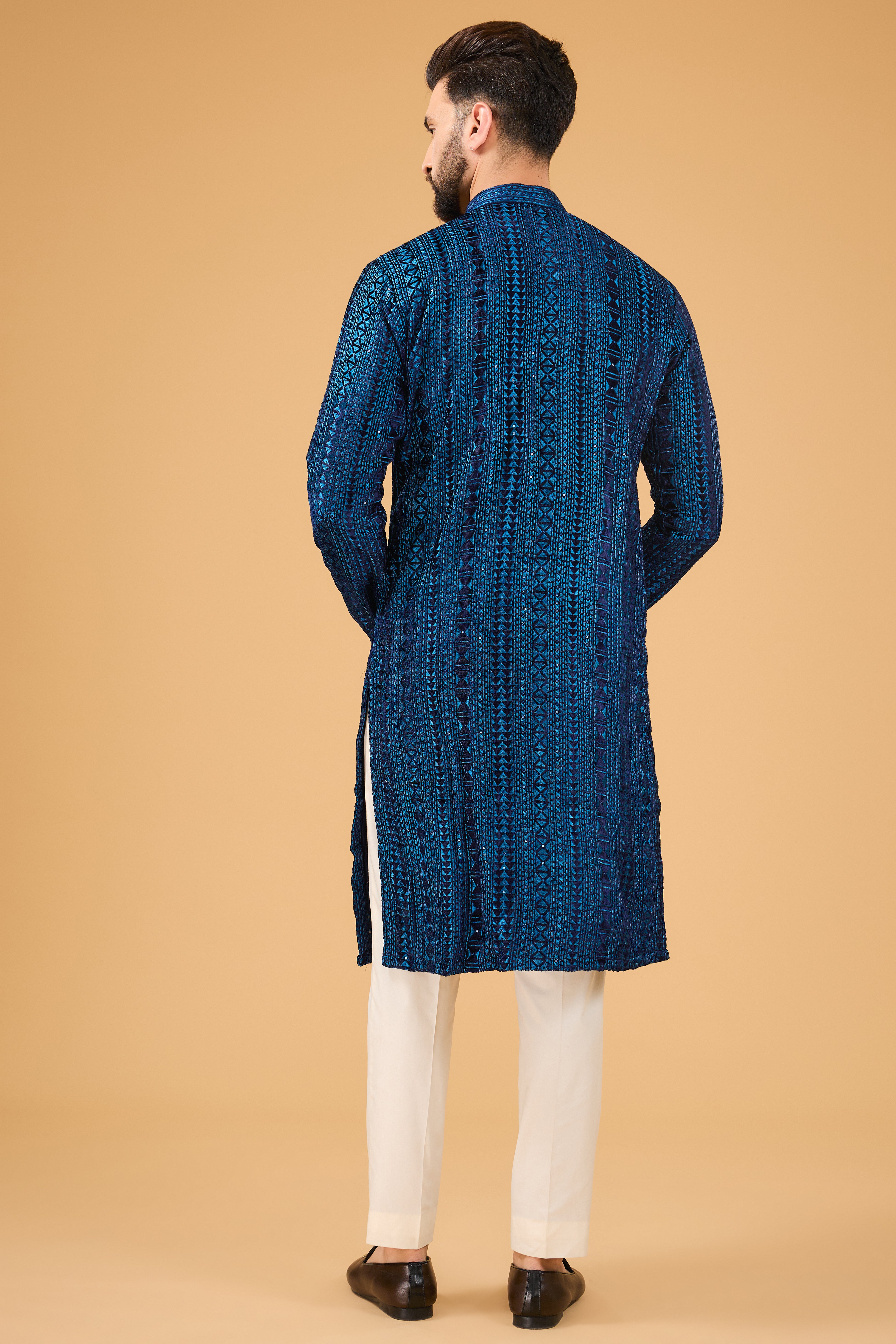 Blue metallic multi threadwork kurta on velvet - kasbahmen