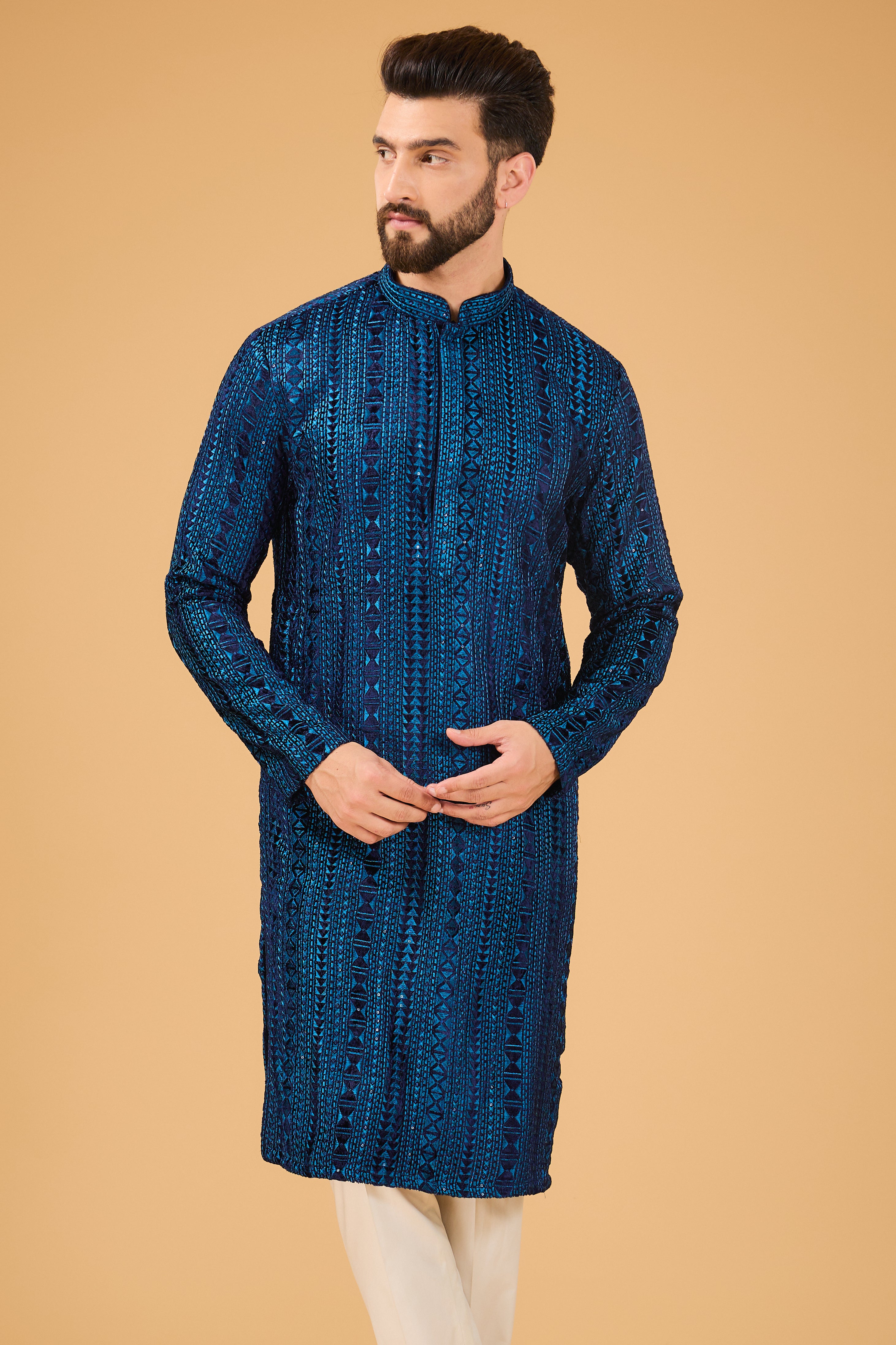 Blue metallic multi threadwork kurta on velvet - kasbahmen