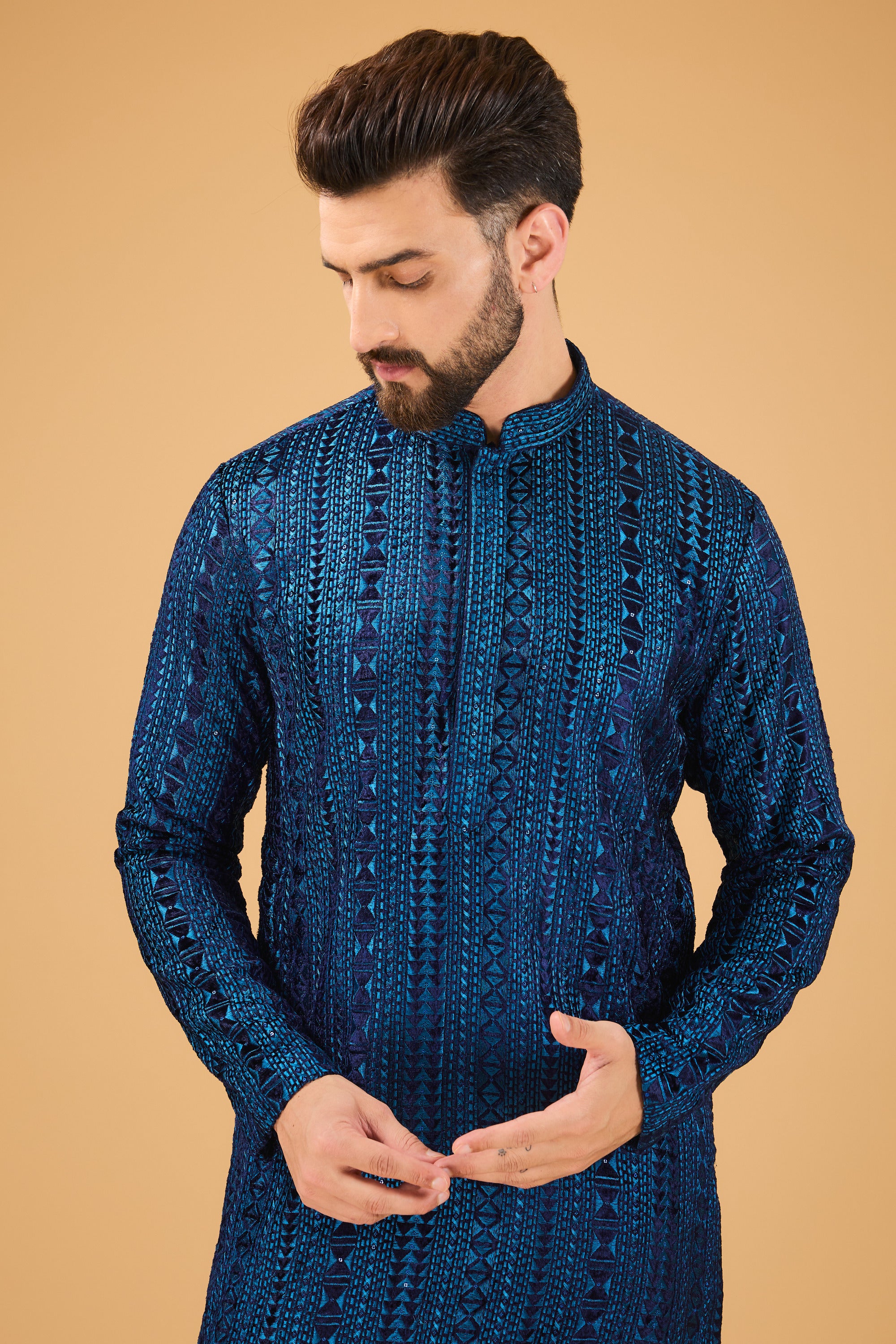 Blue metallic multi threadwork kurta on velvet - kasbahmen