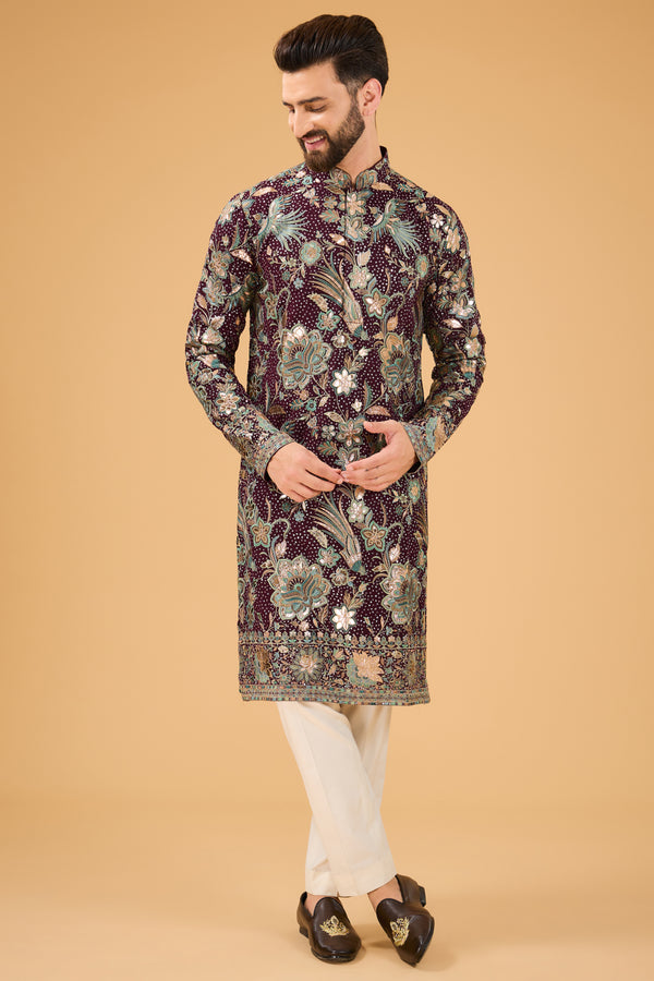 Wine Embroidred kurta with detailed leather patch work - kasbahmen