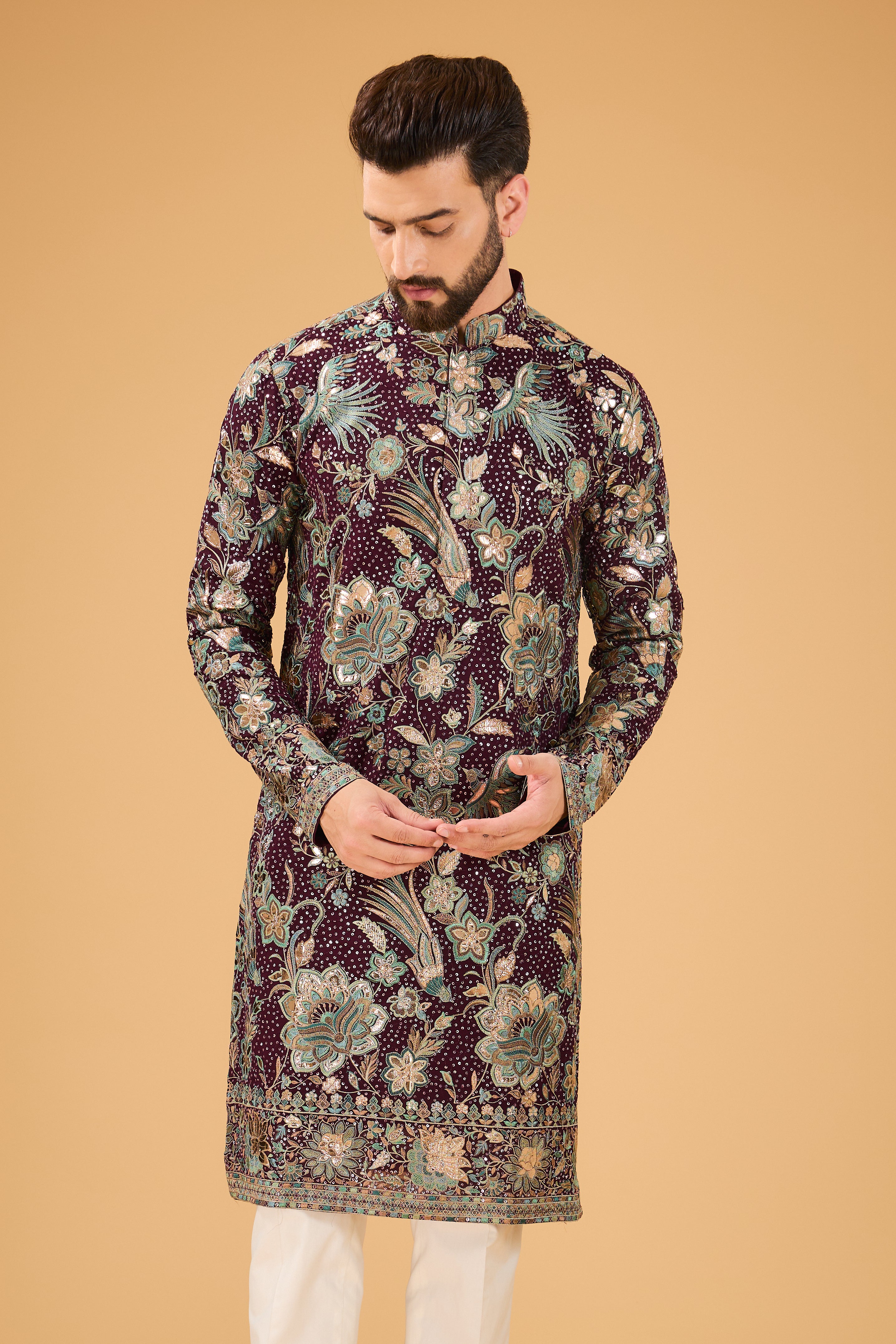 Wine Embroidred kurta with detailed leather patch work - kasbahmen