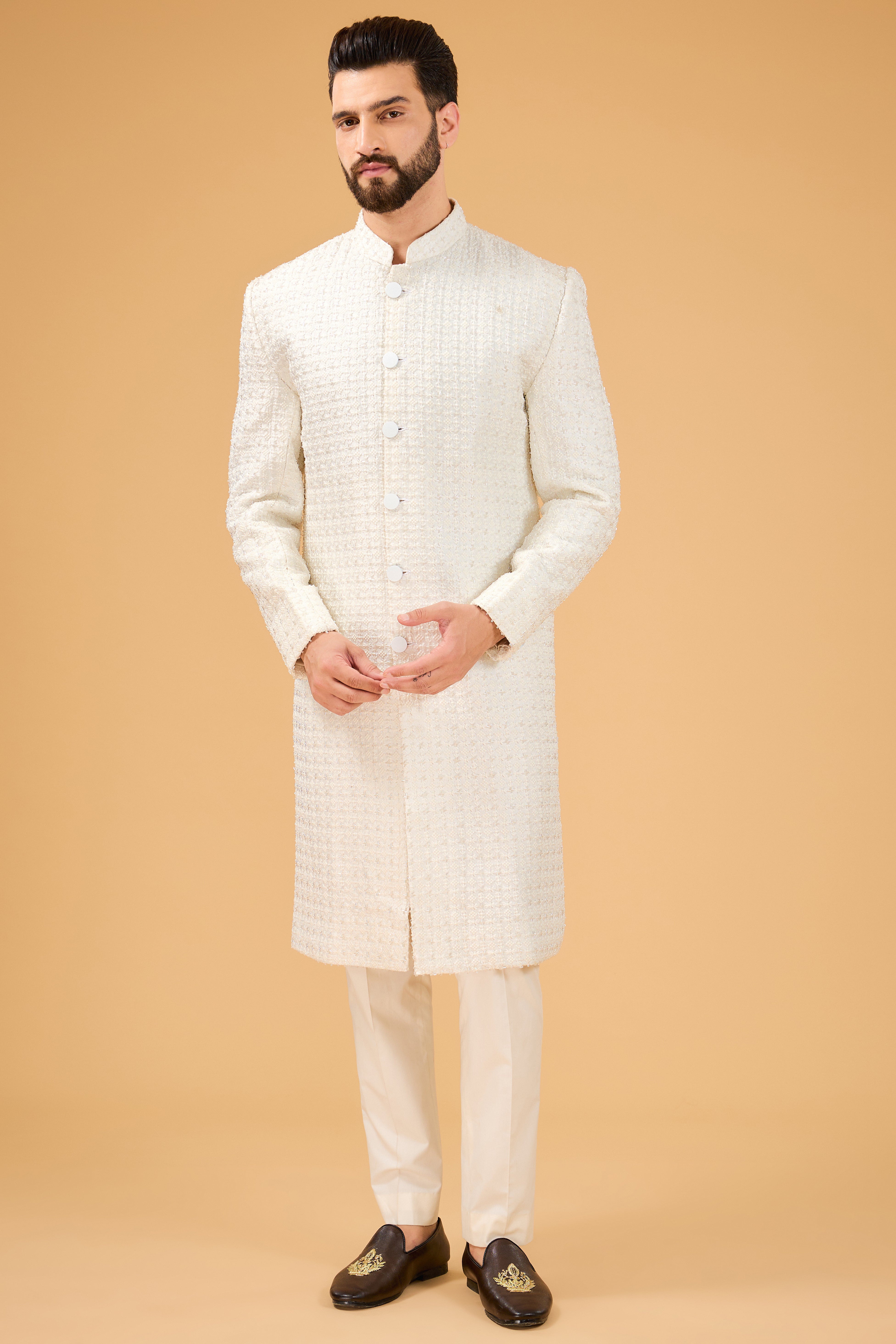 Ivory Sherwani featuring exquisite cut dana work - kasbahmen