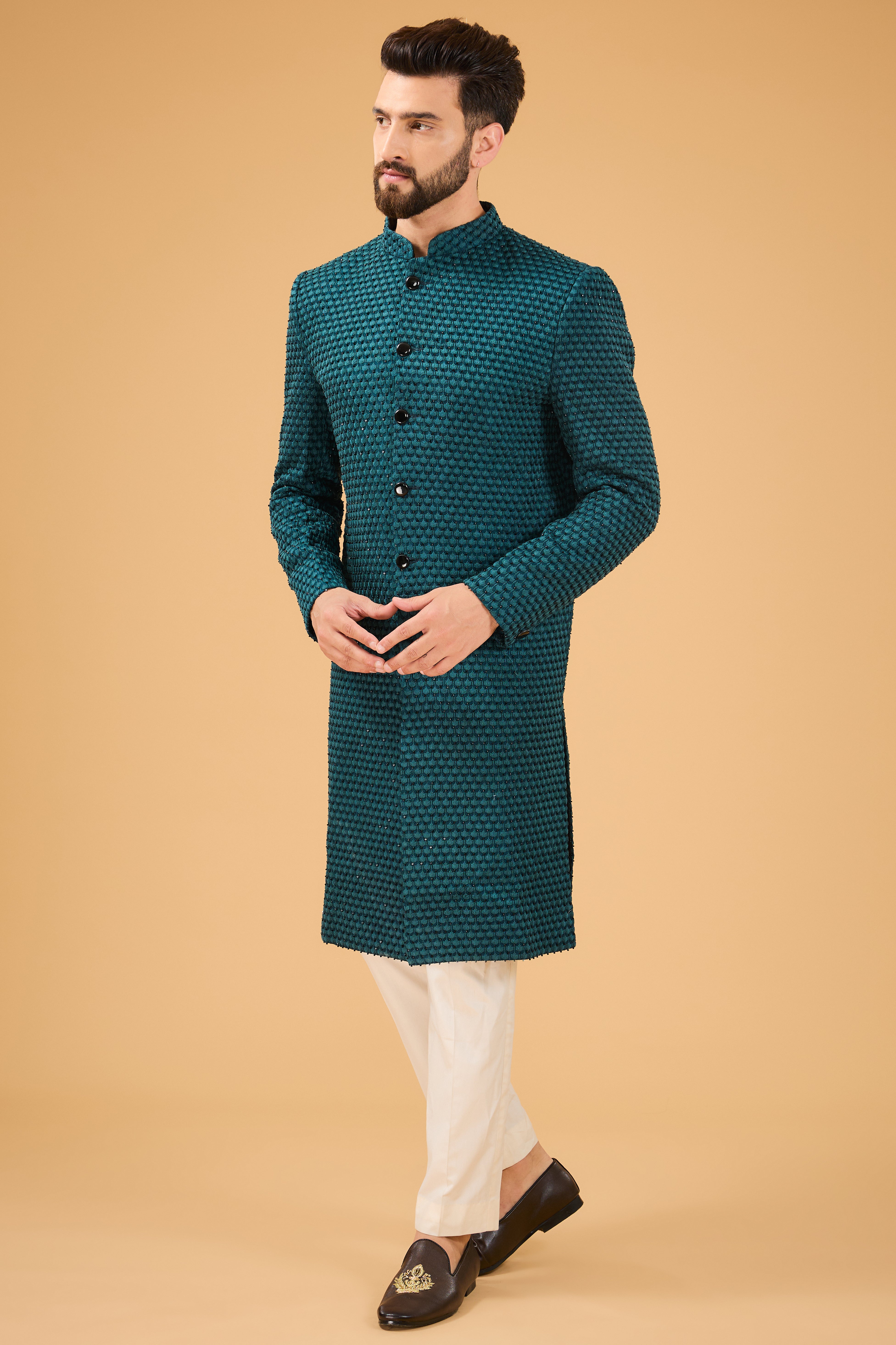 Teal Sherwani featuring exquisite cut dana work - kasbahmen