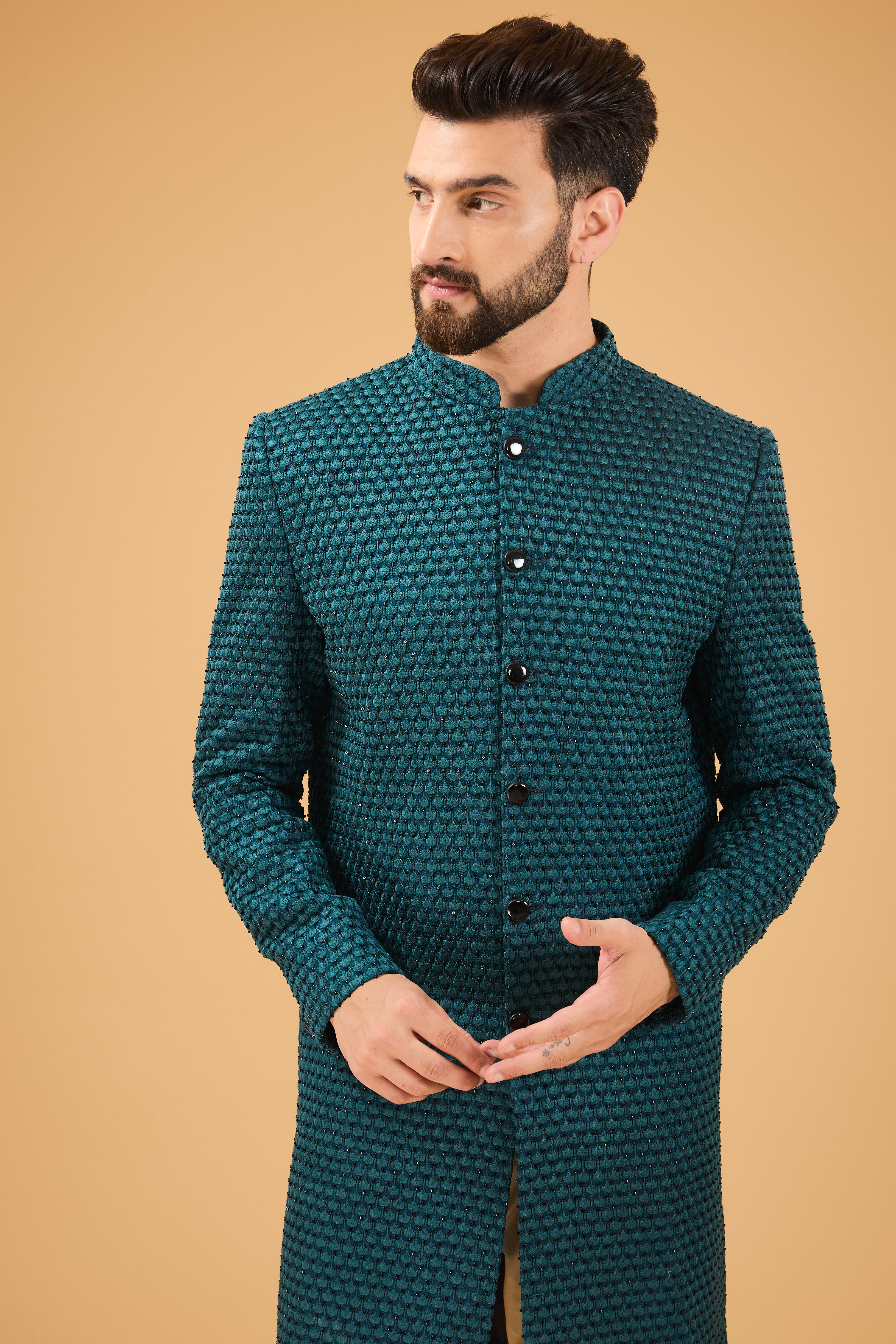 Teal Sherwani featuring exquisite cut dana work - kasbahmen