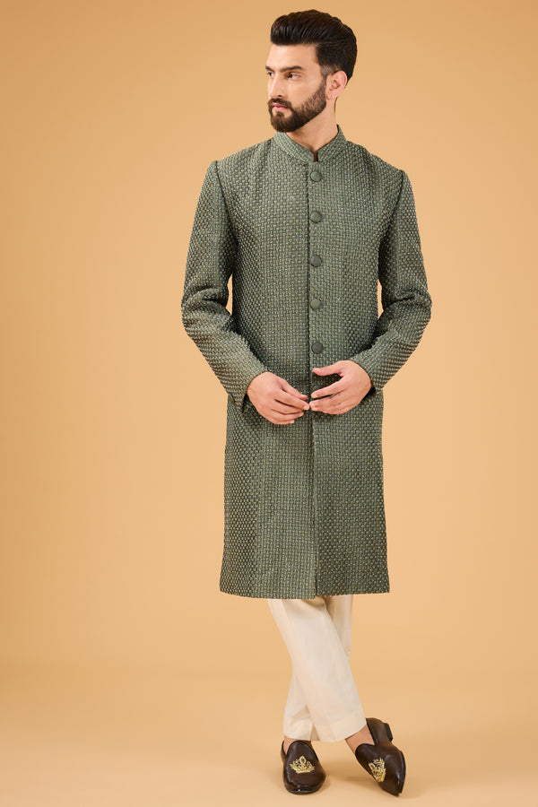 Military Green Sherwani featuring exquisite cut dana work - kasbahmen