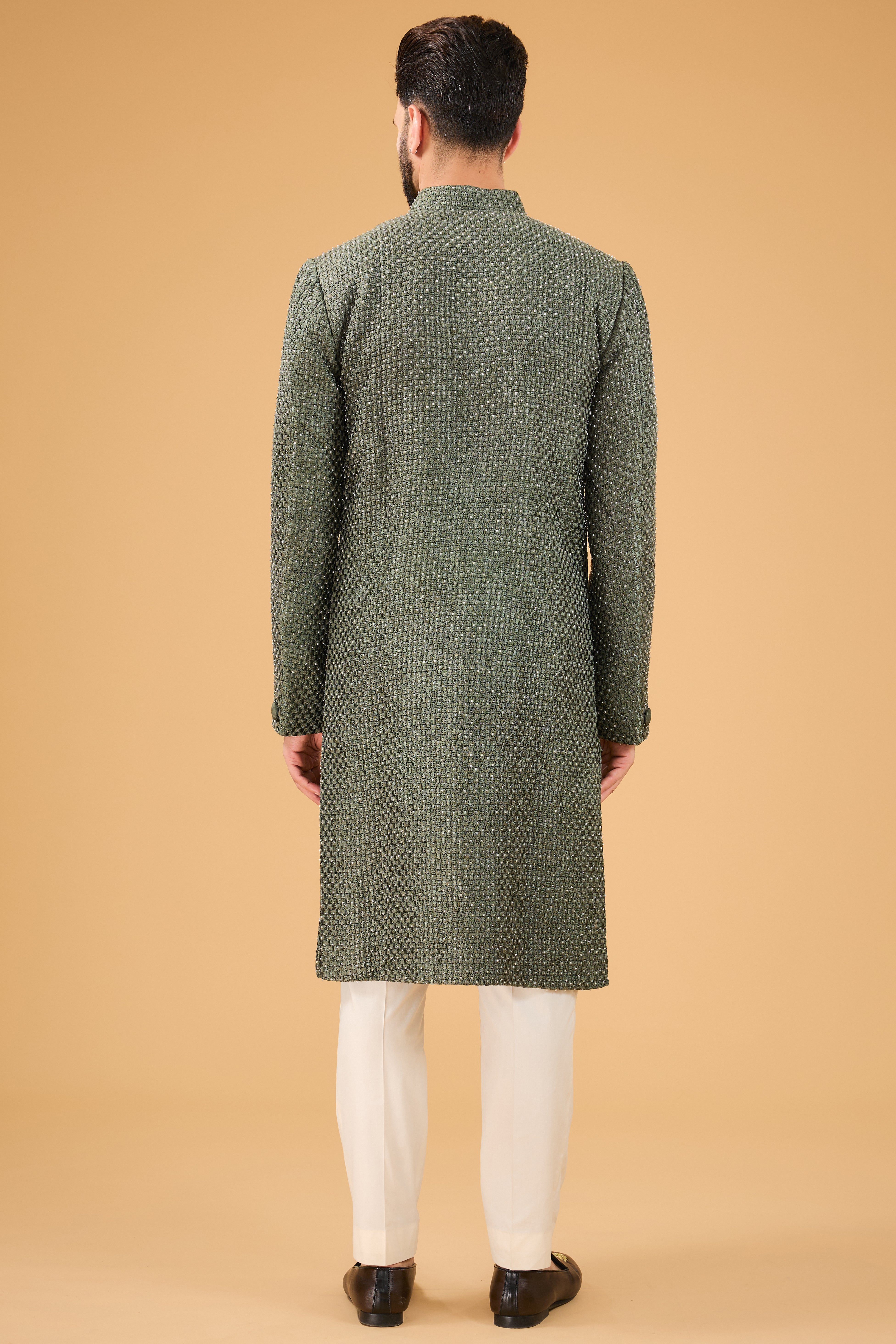 Military Green Sherwani featuring exquisite cut dana work - kasbahmen