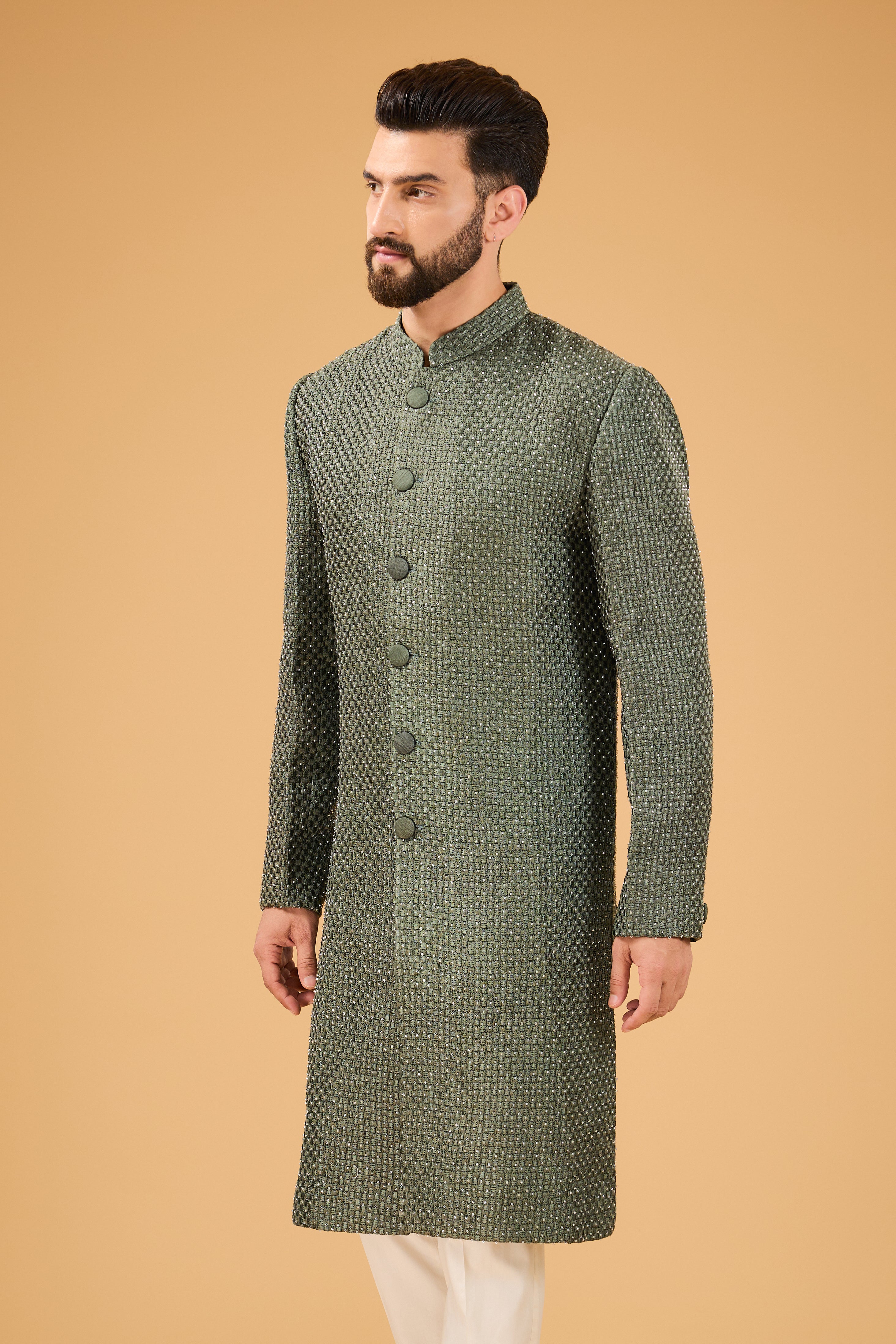 Military Green Sherwani featuring exquisite cut dana work - kasbahmen