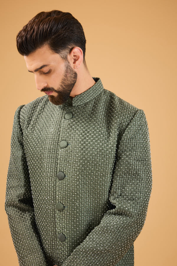 Military Green Sherwani featuring exquisite cut dana work - kasbahmen