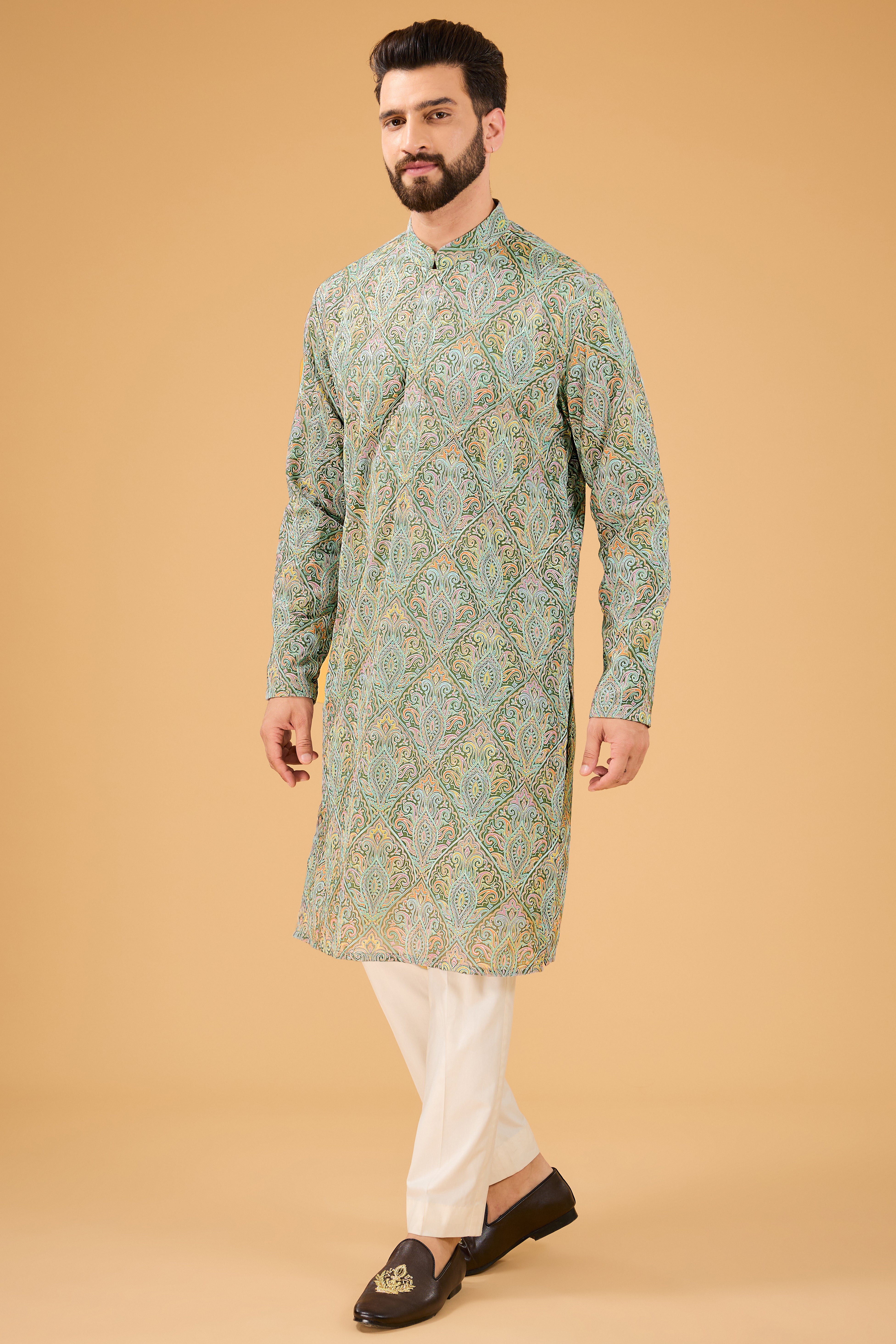 Military green Kashmiri embroidred Chickankari Kurta - kasbahmen