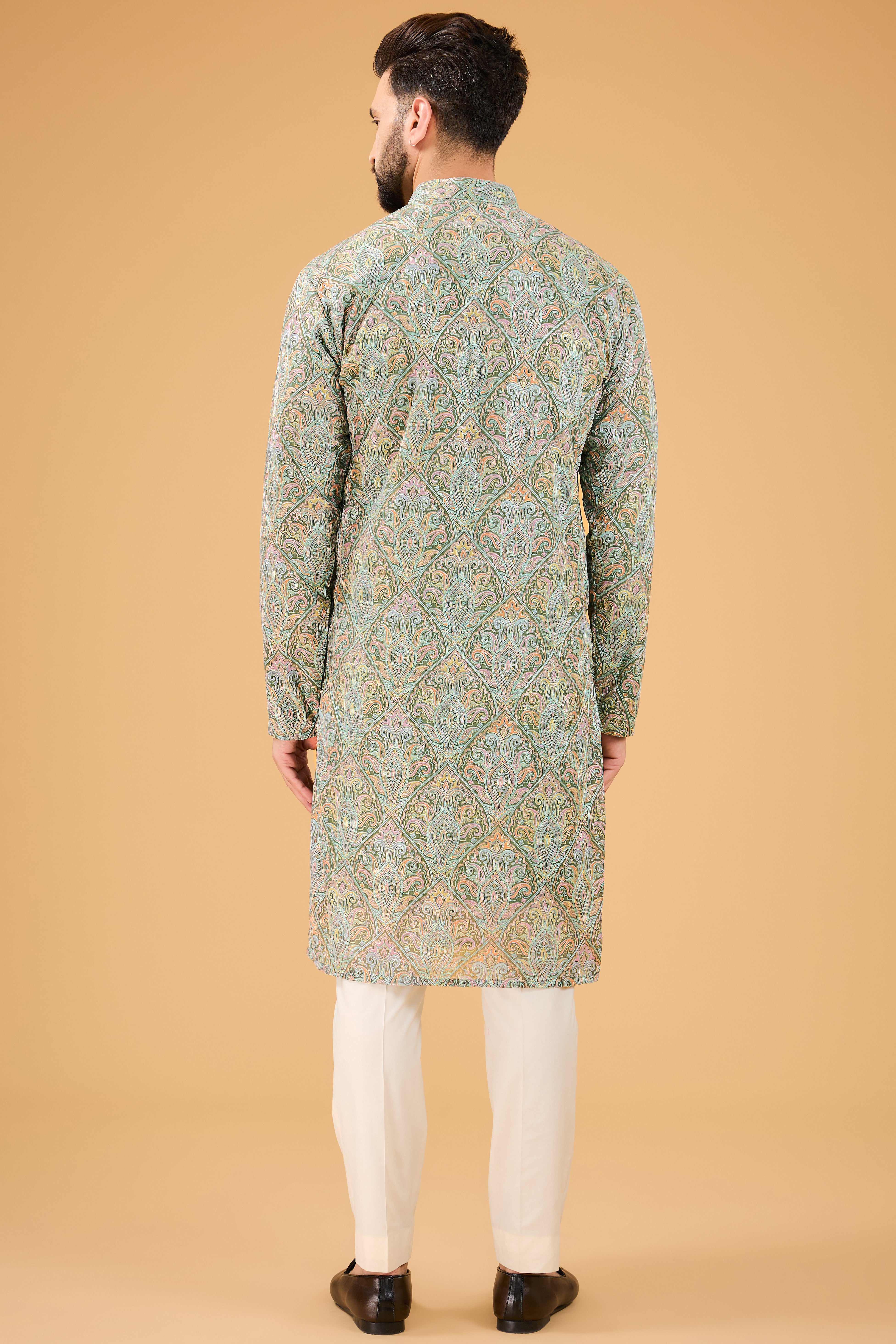 Military green Kashmiri embroidred Chickankari Kurta - kasbahmen