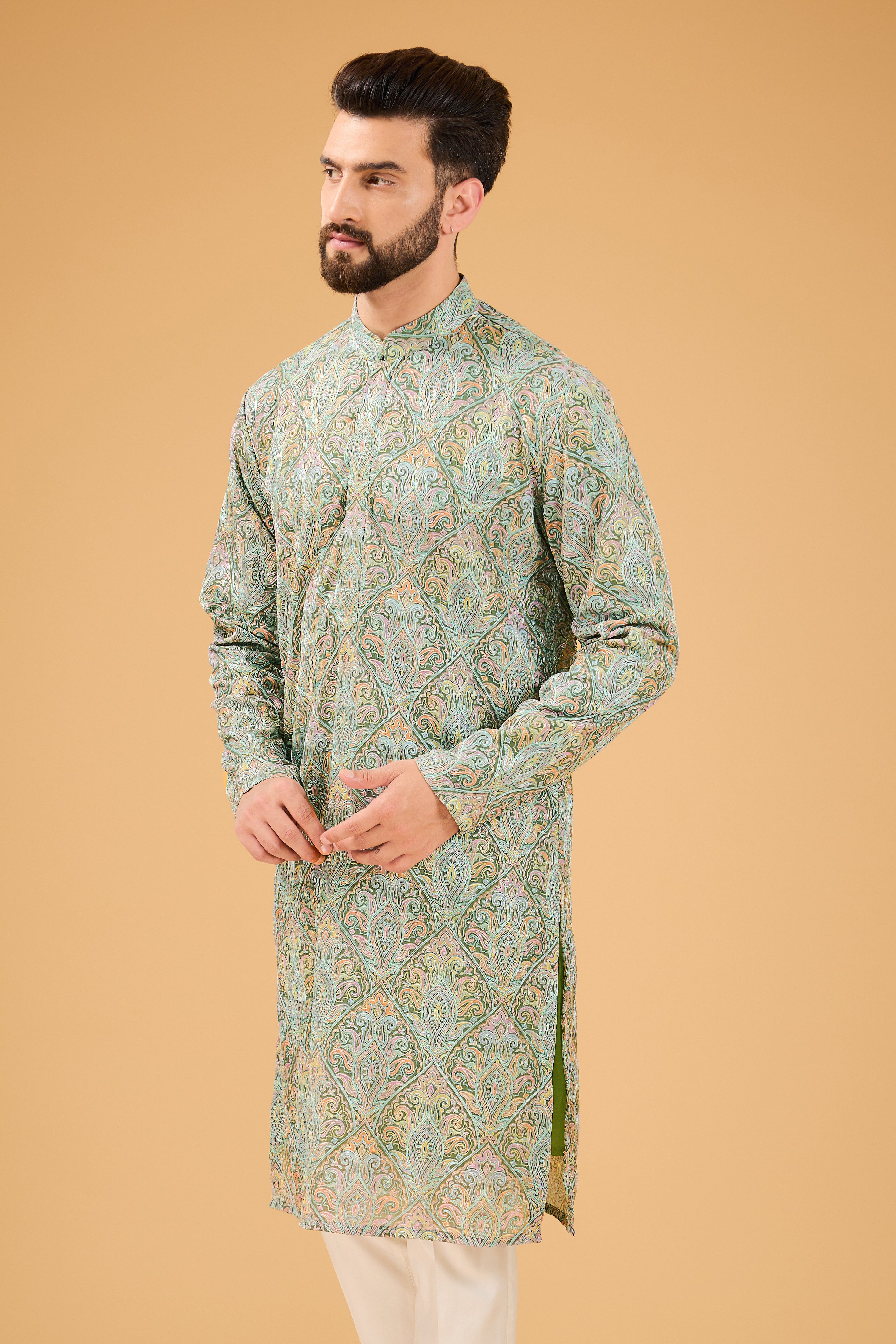 Military green Kashmiri embroidred Chickankari Kurta - kasbahmen