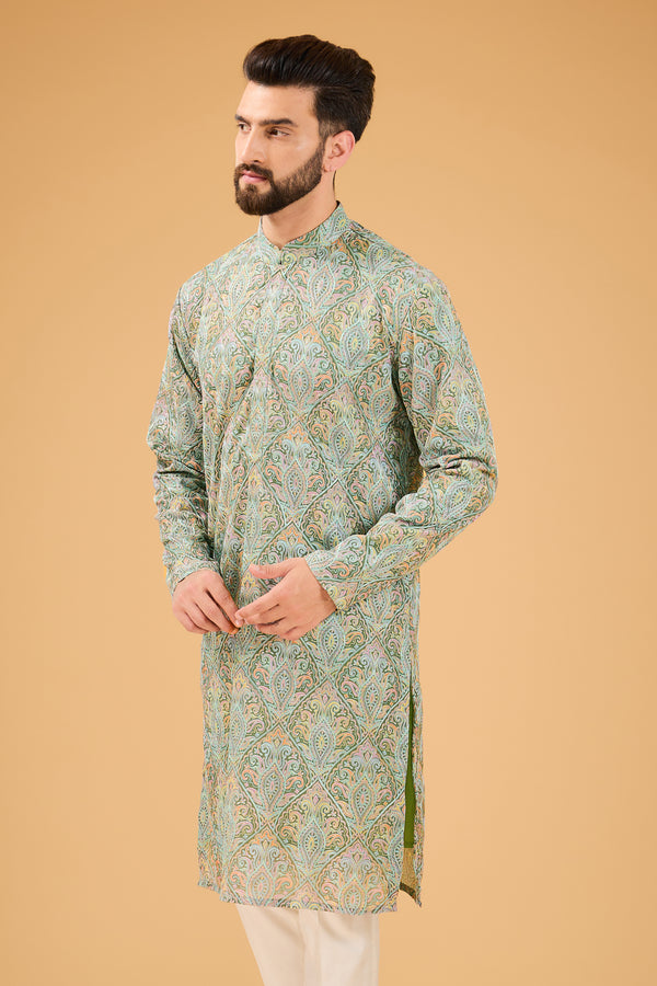 Military green Kashmiri embroidred Chickankari Kurta - kasbahmen