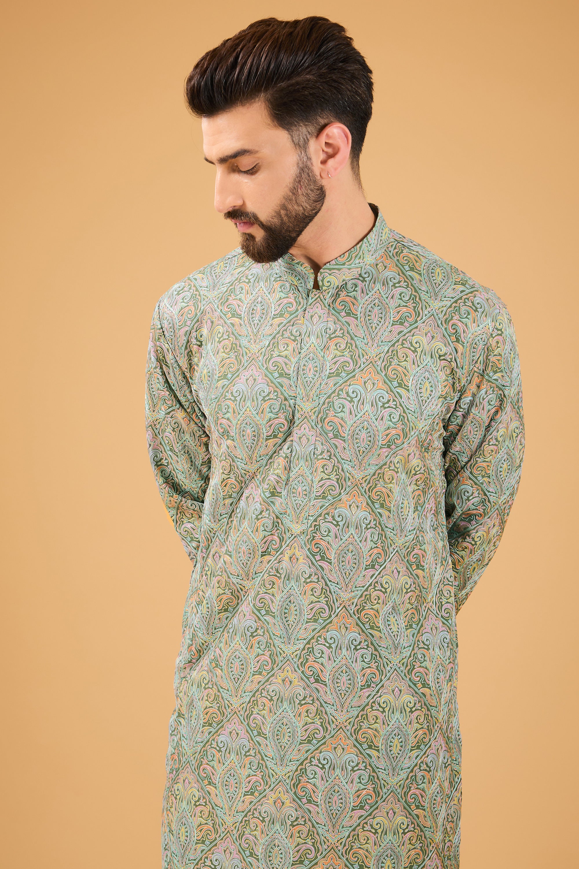 Military green Kashmiri embroidred Chickankari Kurta - kasbahmen