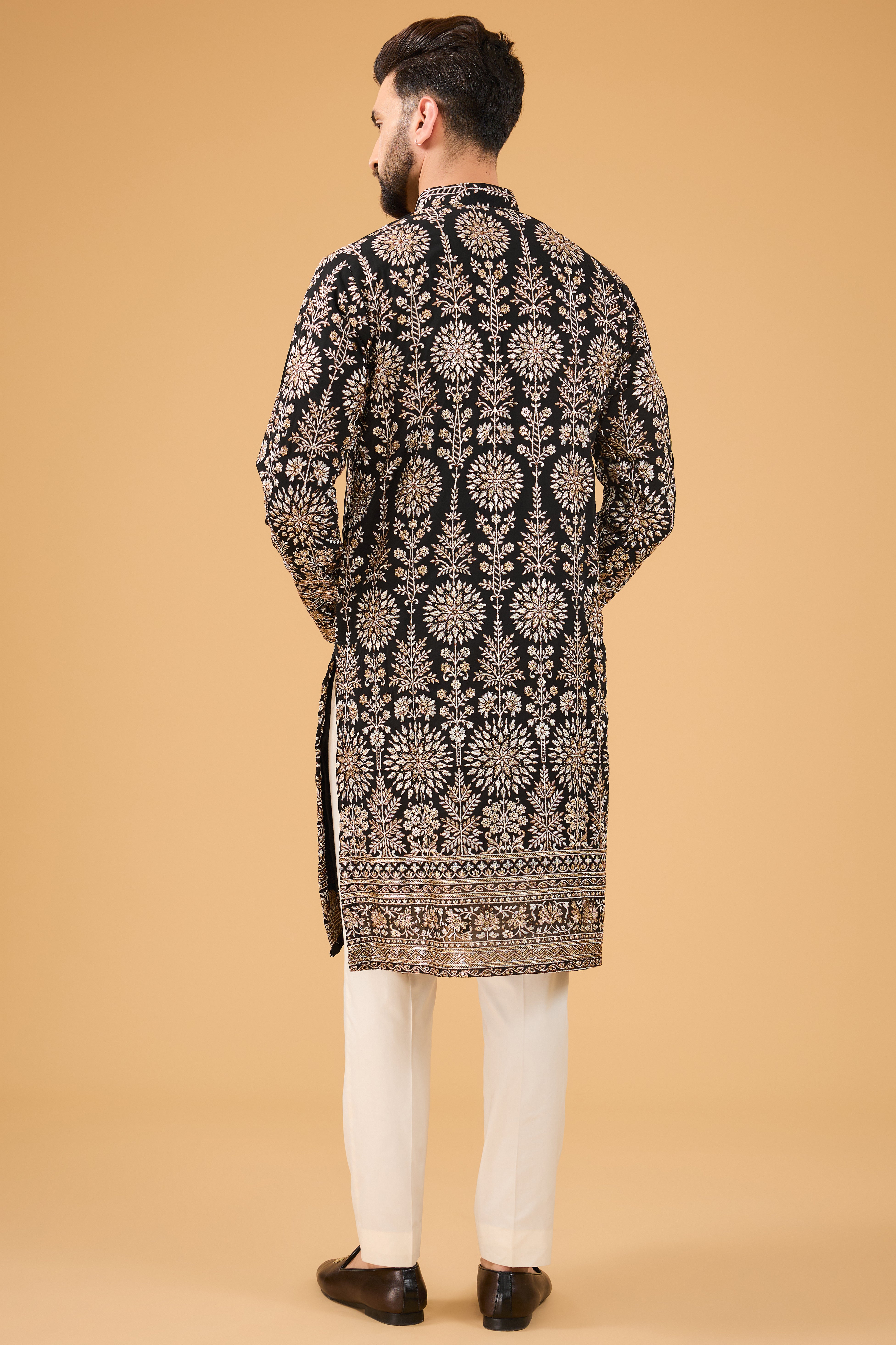 Black Chiknkari kurta with intricate zari work - kasbahmen