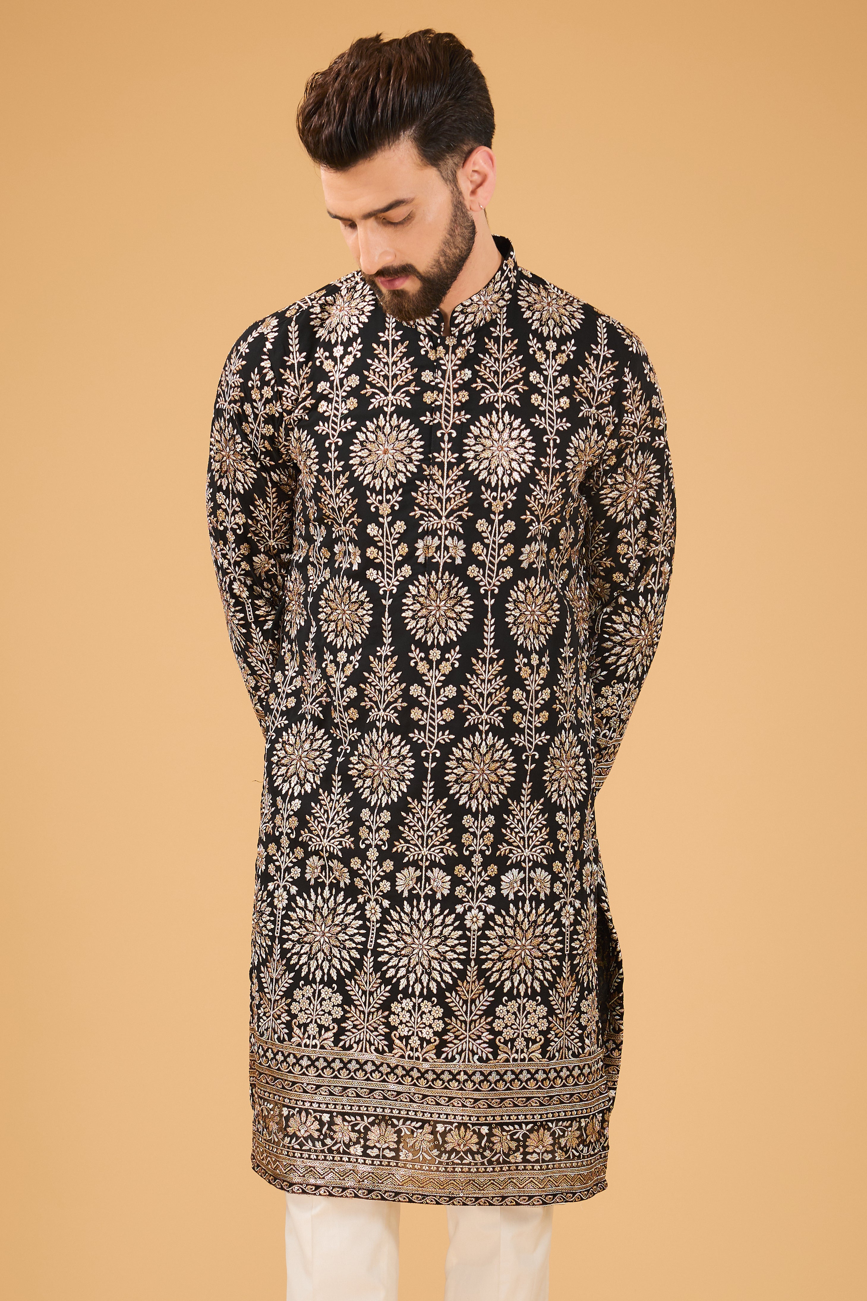 Black Chiknkari kurta with intricate zari work - kasbahmen