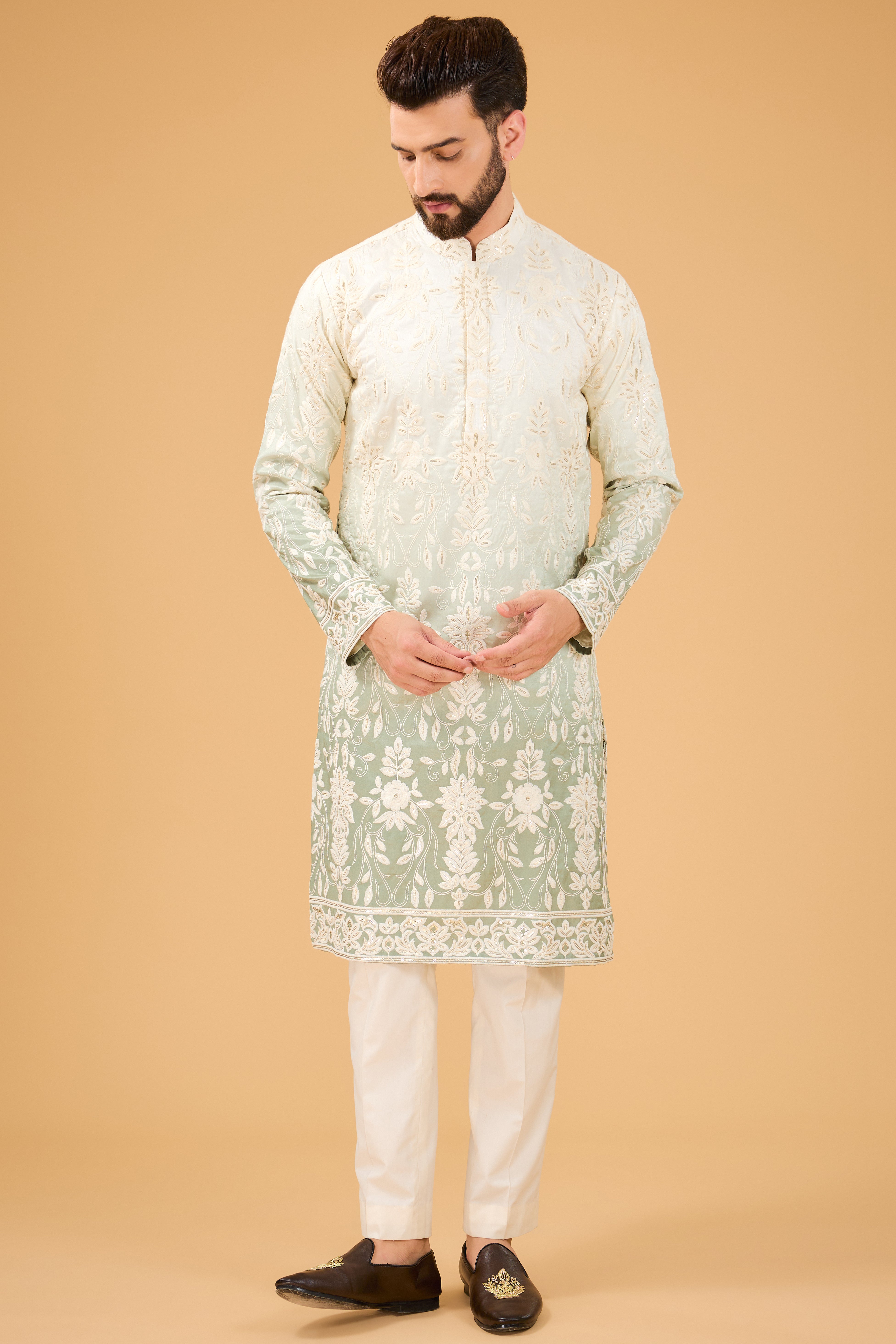 Cream - Sage green ombre shaded chikankari kurta - kasbahmen